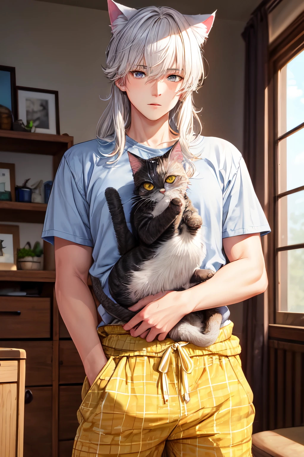 ((best quality)), ((masterpiece)), (detailed) young guy, white hair, long scruffy hair, bluish grey eyes, ((yellow flannel)), sweatpants, cat-boy, cross eyed