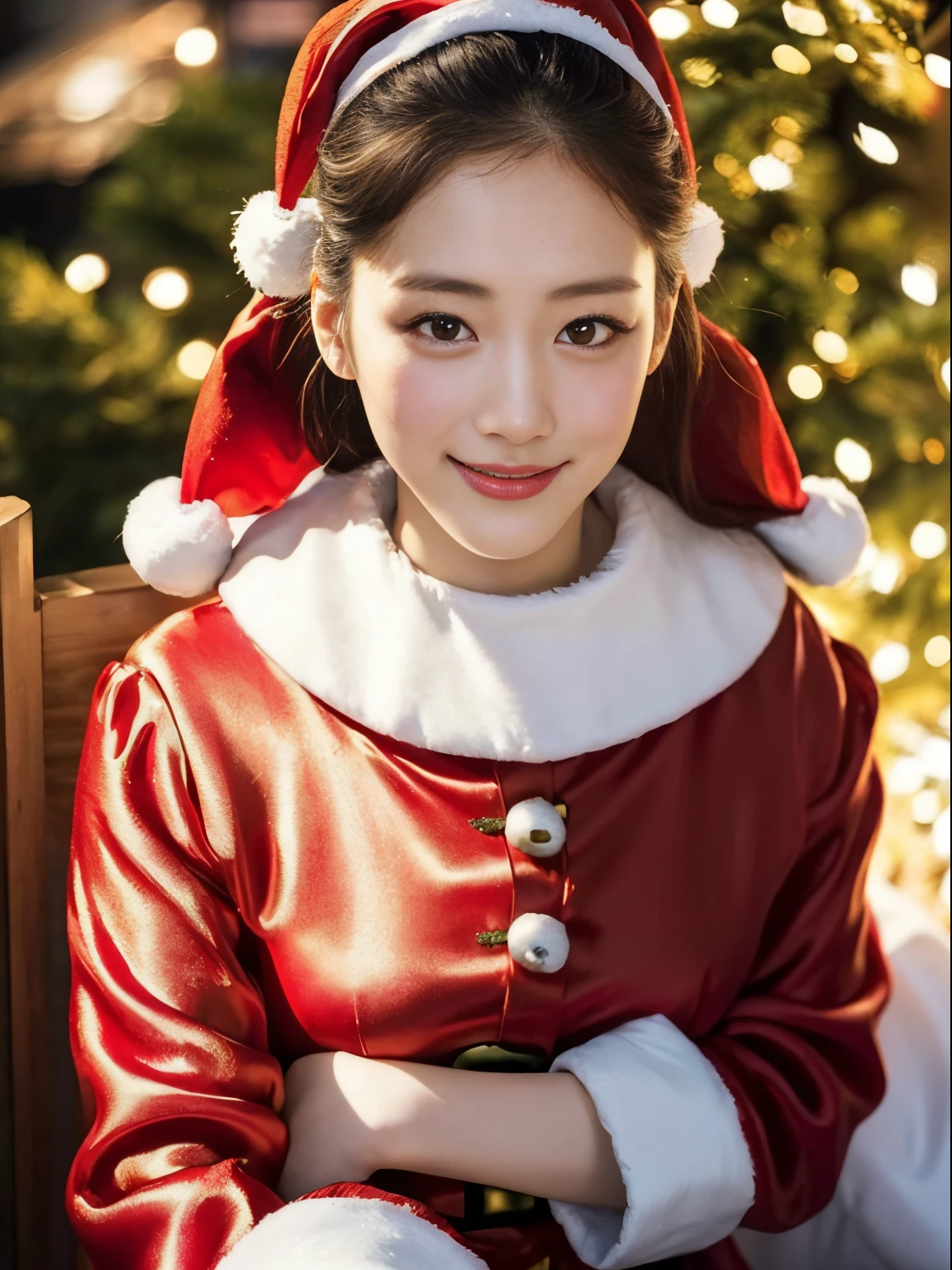 tre anatomically correct,Masterpiece of,High image quality,(Cute Santa Claus costumes:1.5),(The material of the costume is high quality silk........:1.4),20 years old, Japan Female, (Random posture:1.4),Christmas tree,Professional Lighting,((Japan hair)),((Natural smile)),The ultra-detailliert、High quality textures、intricate detailes、detaileds、Very detailed CG、High quality shadows、Detail Beautiful delicate face、Detail Beautiful delicate eyes、depth of fields、Ray traching,1girl in, japanaese girl, Fashion Model, slender,Warm atmosphere,Outdoors with a Christmas atmosphere