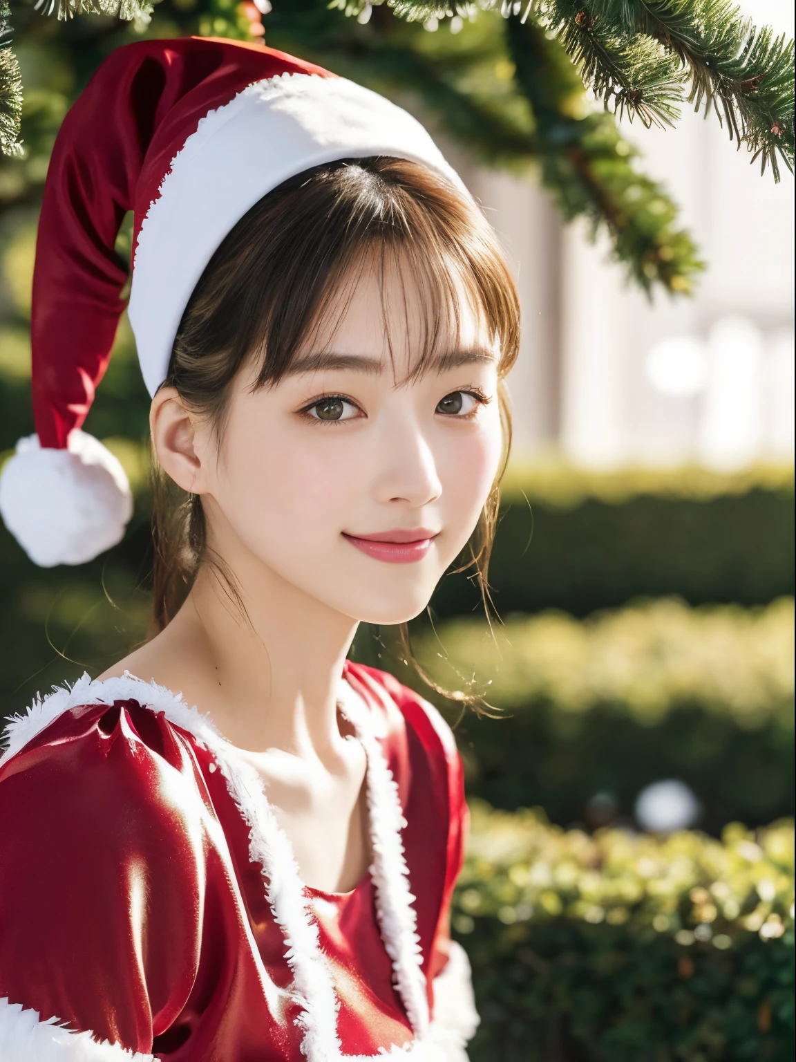 tre anatomically correct,Masterpiece of,High image quality,(Cute Santa Claus costumes:1.5),(The material of the costume is high quality silk........:1.4),20 years old, Japan Female, (Random posture:1.4),Christmas tree,Professional Lighting,((Japan hair)),((Natural smile)),The ultra-detailliert、High quality textures、intricate detailes、detaileds、Very detailed CG、High quality shadows、Detail Beautiful delicate face、Detail Beautiful delicate eyes、depth of fields、Ray traching,1girl in, japanaese girl, Fashion Model, slender,Warm atmosphere,Outdoors with a Christmas atmosphere