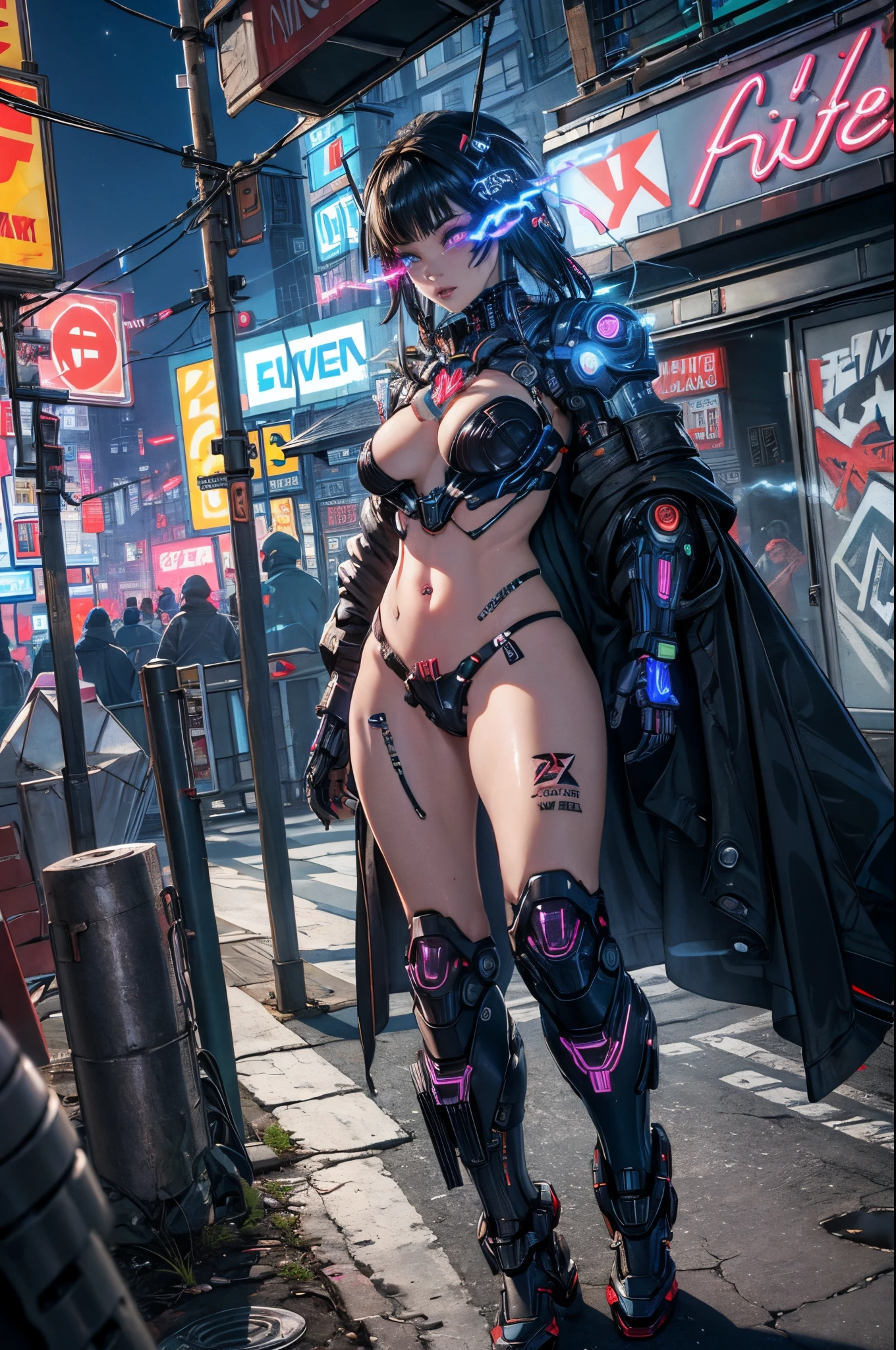 (best quality, masterpiece:1.2), cyberpunk, vulgar, nasty cyborg woman under repair, flaming eye, robots, lovedoll, face, sex shop, neon lights, dystopian cityscape, dark alley, smoke, graffiti, body modifications