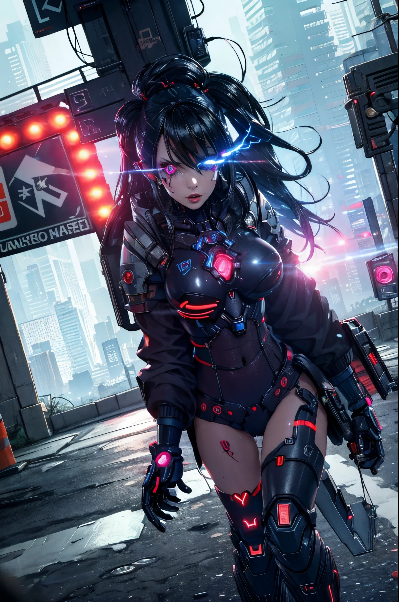 (best quality, masterpiece:1.2), cyberpunk, vulgar, nasty cyborg woman under repair, flaming eye, robots, lovedoll, face, sex shop, neon lights, dystopian cityscape, dark alley, smoke, graffiti, body modifications