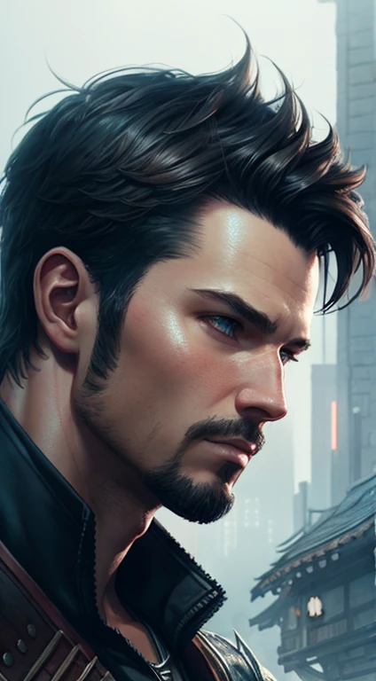fantadsk2,1boy, masculine, male_focus, digital art by wlop, looking_at_viewer, close up, incredibly detailed, portrait, digital illustration, procreate, watercolor, fan art, foggy cinematic, cyberpunk, skyrim, final fantasy xiv, art by artgerm, wlop, fantadsk2