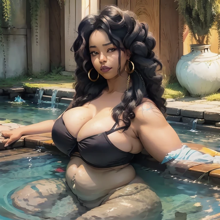 Dark skinned asiatic black woman standing in a natural spring bathing. She  bbw thick and curvy. Massive droopy breast small waist big hips long curly hair. She has on lots and lots of jade and gold jewelry. Her male guards are standing by.