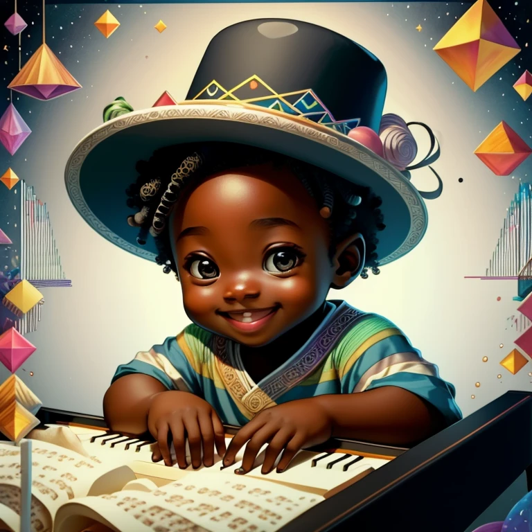(cute black baby boy smiling playing a piano wearing a hat), Munchkin ,Geometric multidimensional wall portrait, livro de arte, Tchibi,
Yang08k, Beautiful, Colouring,
Obras, of the highest quality, best quality, Arte Oficial, Beautiful and Aesthetic,