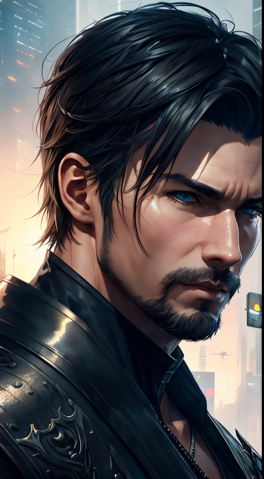 fantadsk2,1boy, masculine, male_focus, digital art by wlop, looking_at_viewer, close up, incredibly detailed, portrait, digital illustration, procreate, watercolor, fan art, foggy cinematic, cyberpunk, skyrim, final fantasy xiv, art by artgerm, wlop, fantadsk2
