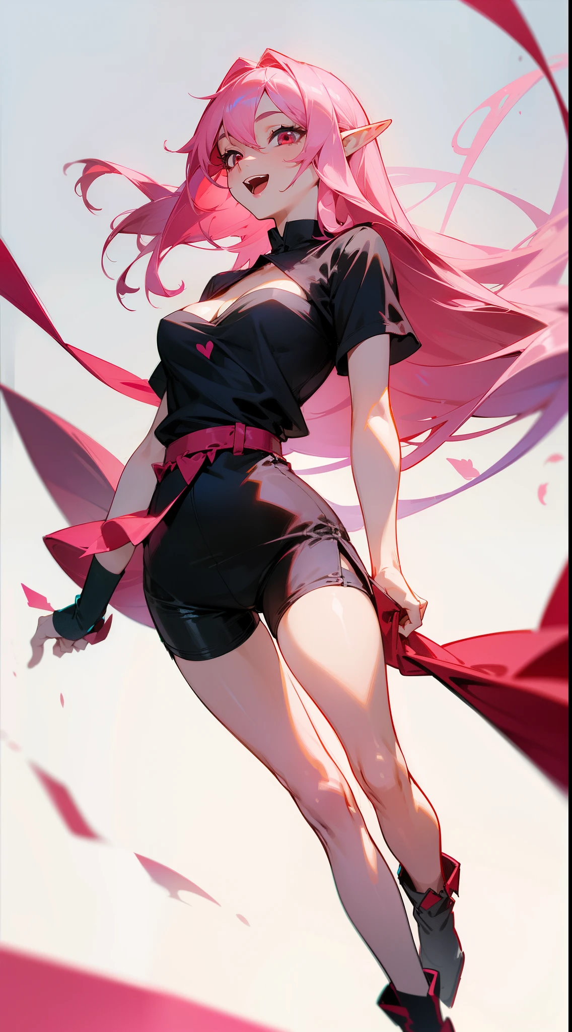 1girl,20s,(mature female),long hair, pink hair,red eyes,innocent face,elf ears,medium breasts,cleavage,black shirt,black shorts,short sleeves,walking,(((no background)),looking away,full body,((from front))