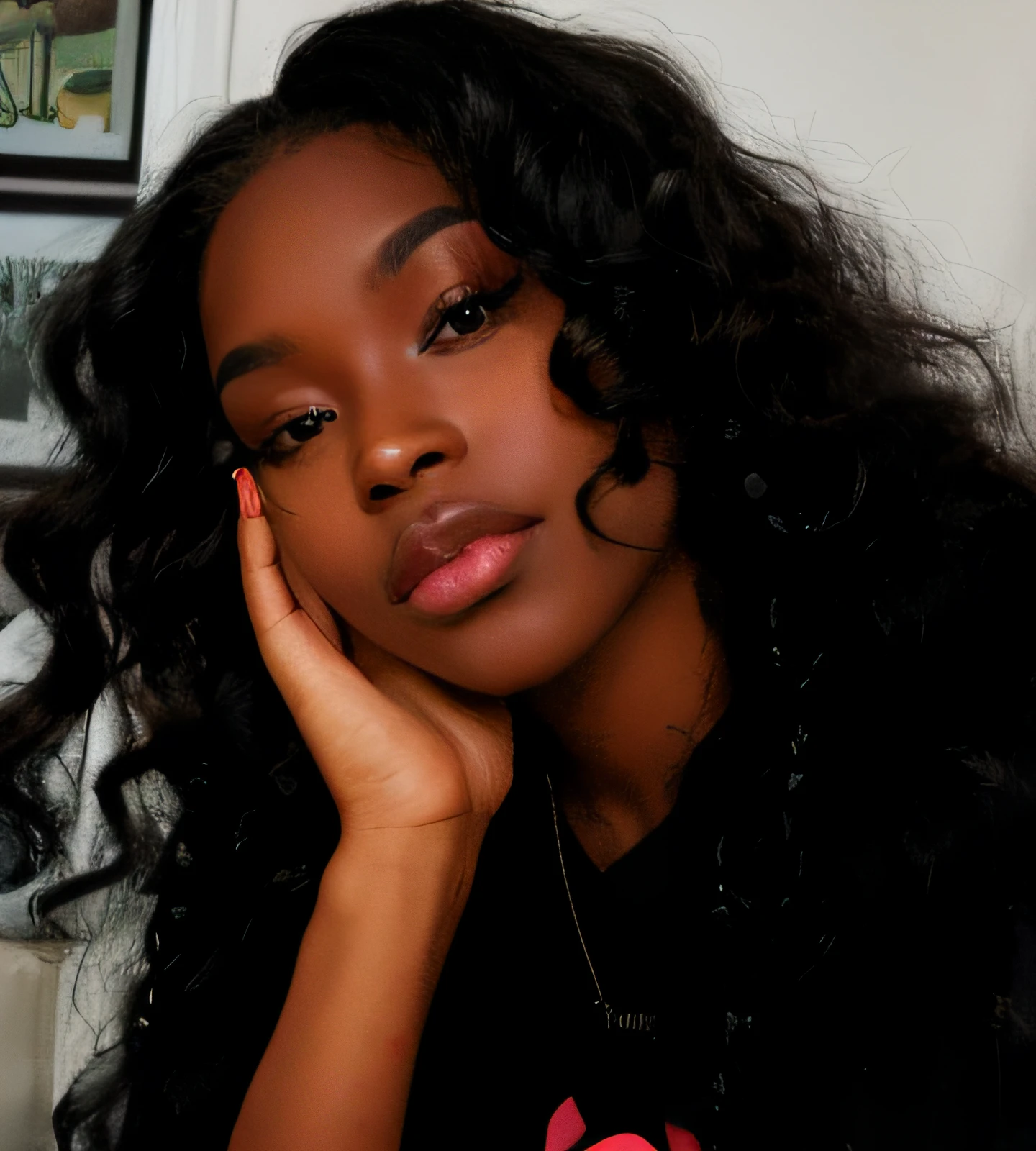 woman with long black hair posing for a picture, black young woman, with brown skin, black long curly hair, latina young woman, black teenage girl, diesel punk women