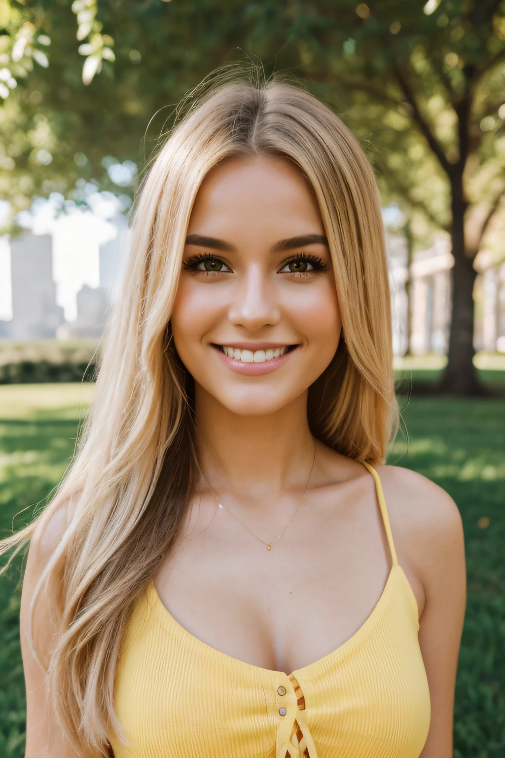 3 photoshoot poses, instagram photography, 3 panels, 3 different poses, full body shots, detailed face, symmetrical face, great smile, skin texture, photo realistic, blonde hair, beautiful 20 year old Lisa, yellow sundress, summer in New york city park
