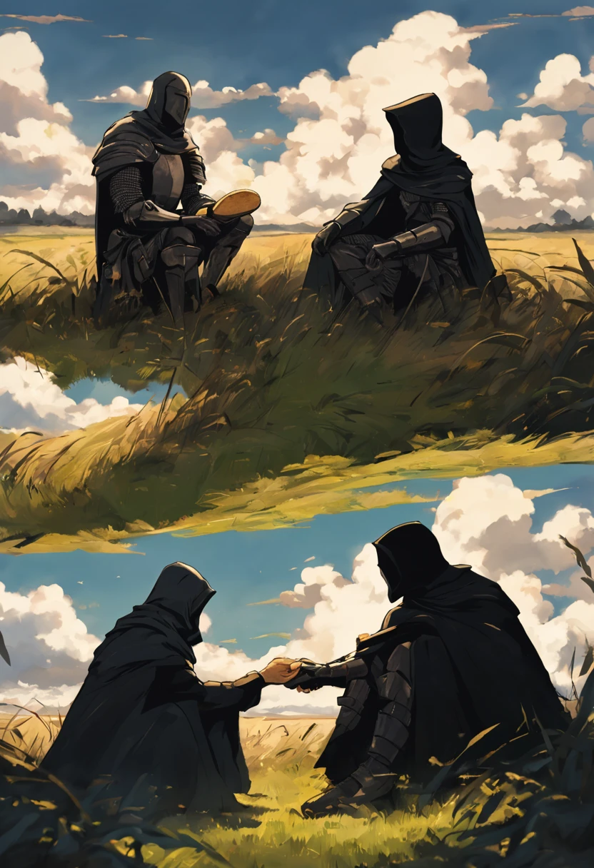 knight takes advice from older man with white bread in black hood while they are sitting face to face in grass at open blue sky with clouds