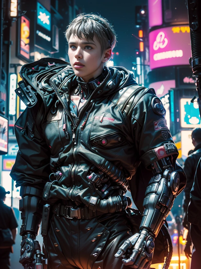 ((extremely delicate and beautiful cybernetic girl)), ((highly detailed face)), ((mechanical limb, mechanical vertebrae)), ((mechanical cervical attaching to neck)), (wires and cables attaching to neck:1.2), ((mass of wires and cables on head)), ((wearing colorful Harajuku tech jacket with logo)), (facing camera pose), ((cowboy shot)), (masterpiece), (((best quality))), ((ultra-detailed)), (highly detailed photorealistic CG illustration), cinematic lighting, science fiction, extremely detailed,colorful,highest detail, (((cyberpunk city background, (Blade Runner), Harajuku district))), NSFW