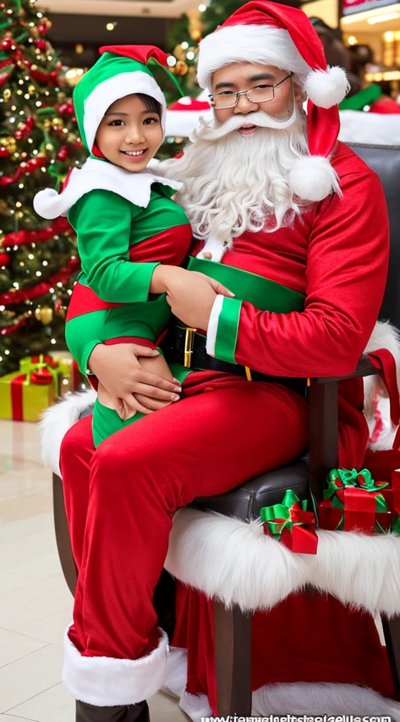 An extremely busty and big booty Malaysian woman  Santa's helper in a mall. She  dressed in a sexy Elf costume. She has a Hijab. She  helping kids onto Santa's lap