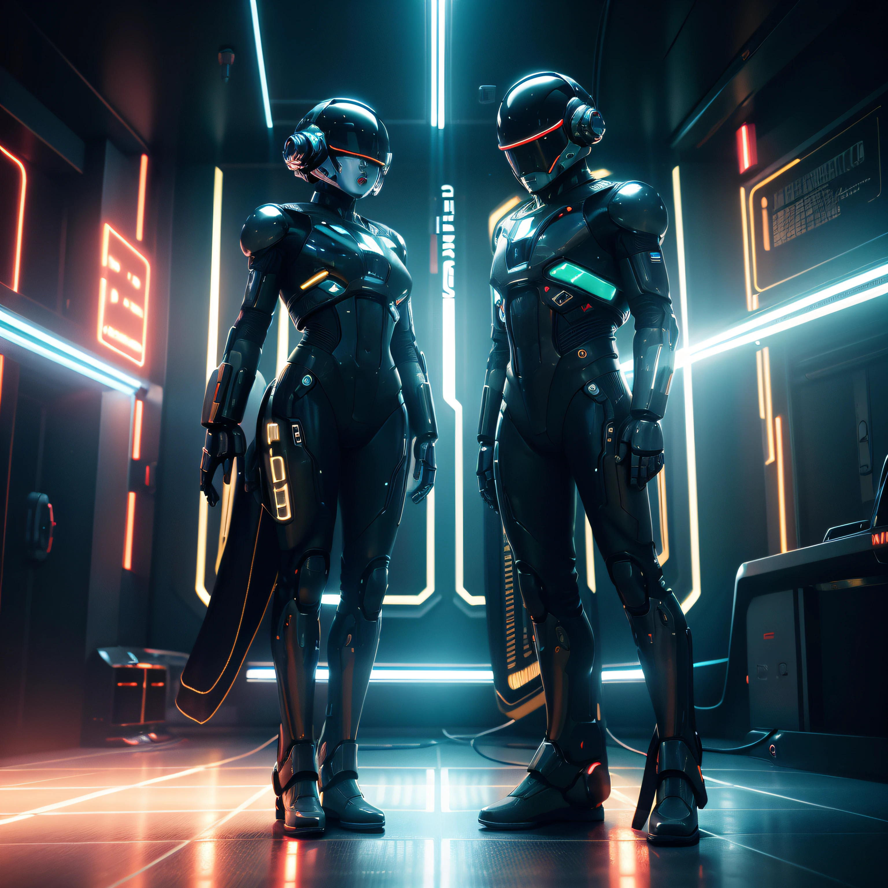 Electric love, two human alike android robots (man and woman) in futuristic helmets, above neon lights on the floor, Future Bounce music on the background, more space around them, in the style of a future science, cinematic, f/2.8 70-200 Canon 5D mark IV, good quality like real photo with Hollywood 3D graphic elements and optical flares