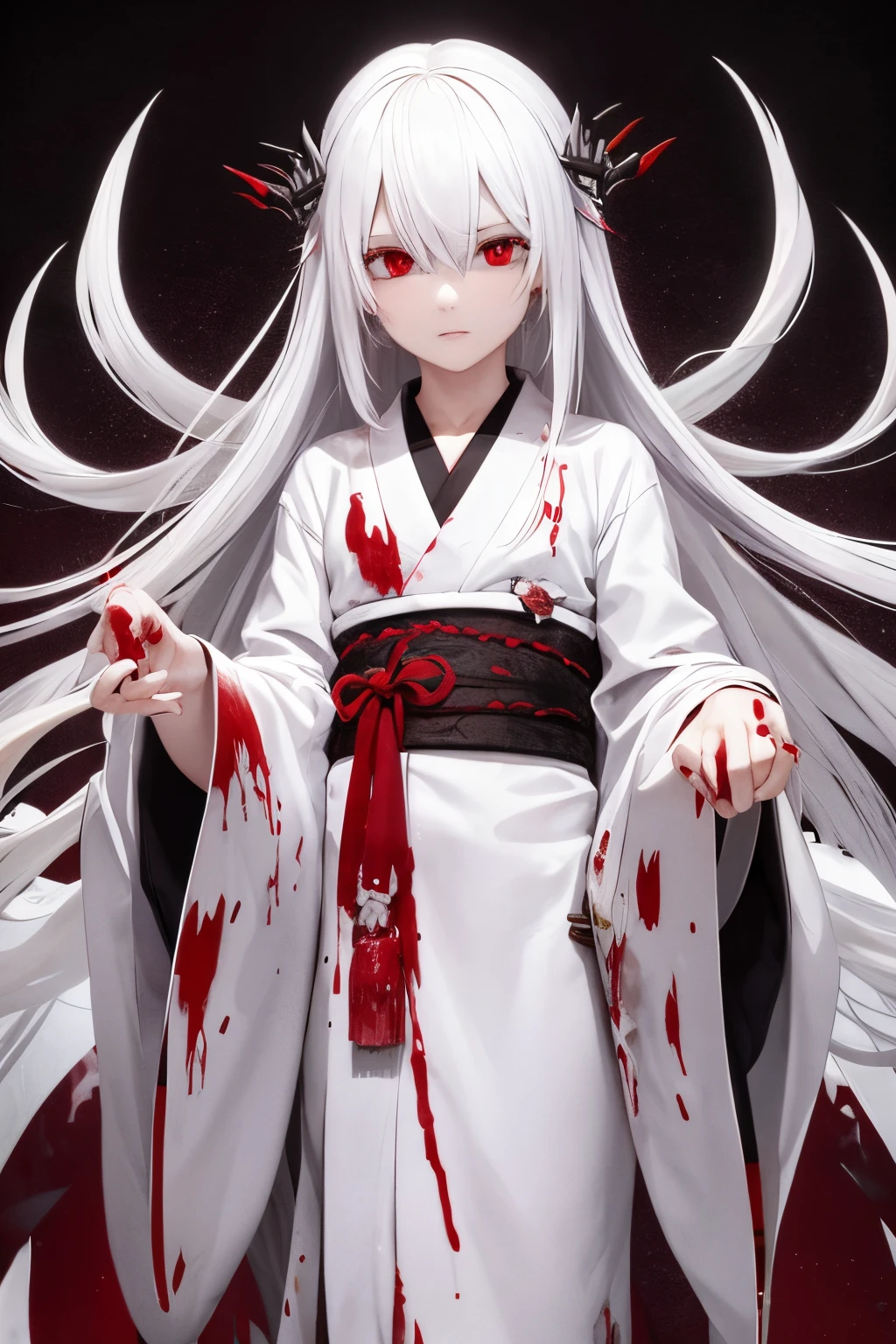 white kimono with blood on it, long white hair, long sharp nails, manhood, demonic eyes