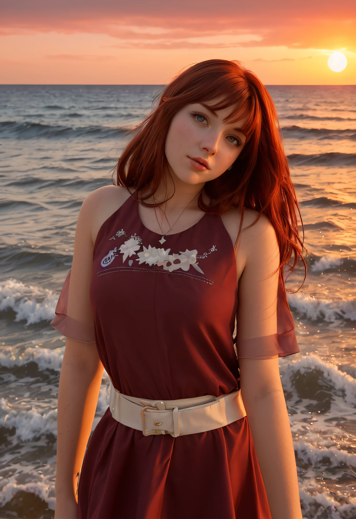 Cute girl with dark red hair. \(whitedress\) Against the background of the sea and a warm sunset