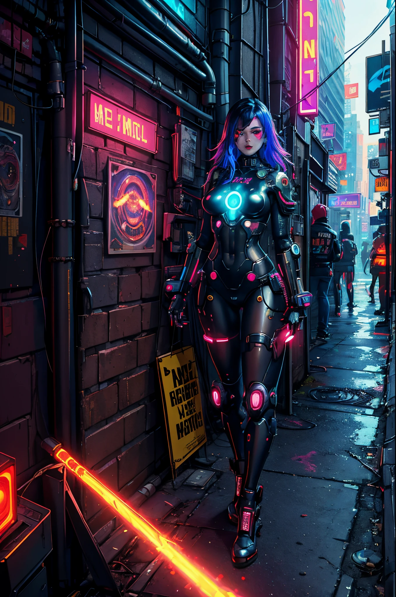 (best quality, masterpiece:1.2), cyberpunk, vulgar, nasty cyborg woman under repair, flaming eye, robots, lovedoll, face, Erect nipple,sex shop, neon lights, dystopian cityscape, dark alley, smoke, graffiti, body modifications