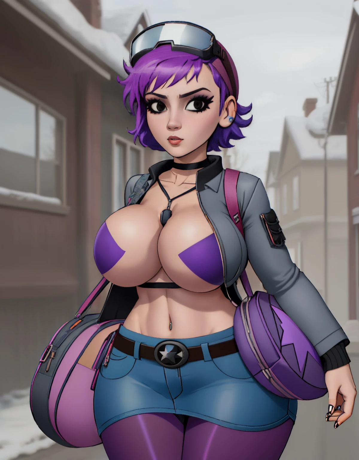 Ramona_Flowers, 1girl, short hair,black eyes, huge breasts, bare chest,
goggles on head, unzipped grey jacket, nothing underneath, shoulder bag, star(symbol), belt, denim skirt, purple pantyhose,
black choker, denim skirt, purple pantyhose,
boots, (massive breasts, gigantic breasts, humugus breasts, cleavage:1.2), shadmanv1