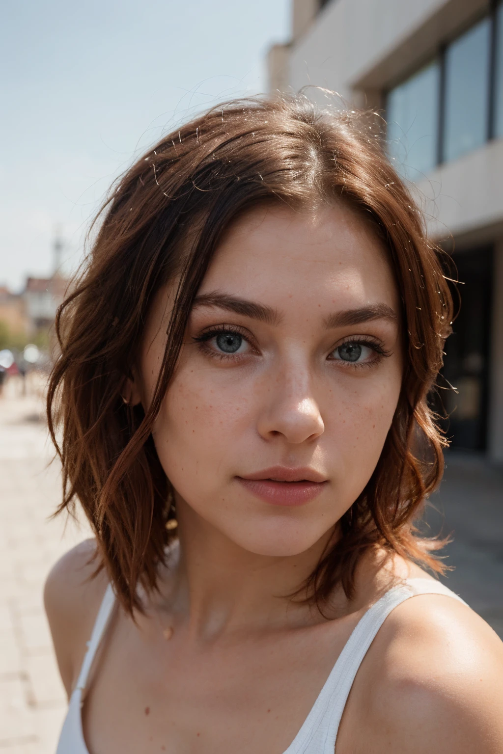 realistic portrait photo of a beautiful woman with red hair, hair roots slightly
faded,spanish,influencer,light freckles,light blue eyes,no makeup,instagram