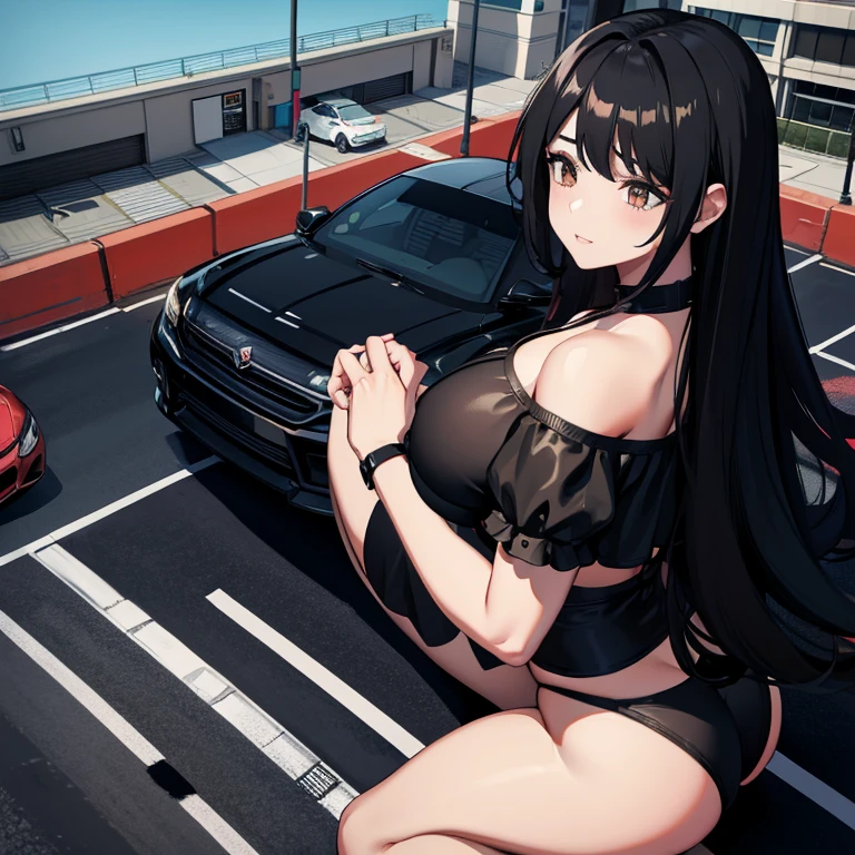 Giantess, crush, butt crush, crushing car, huge giantess, sitting on car, crushing car with butt, tall girl, flattened car, black lingerie