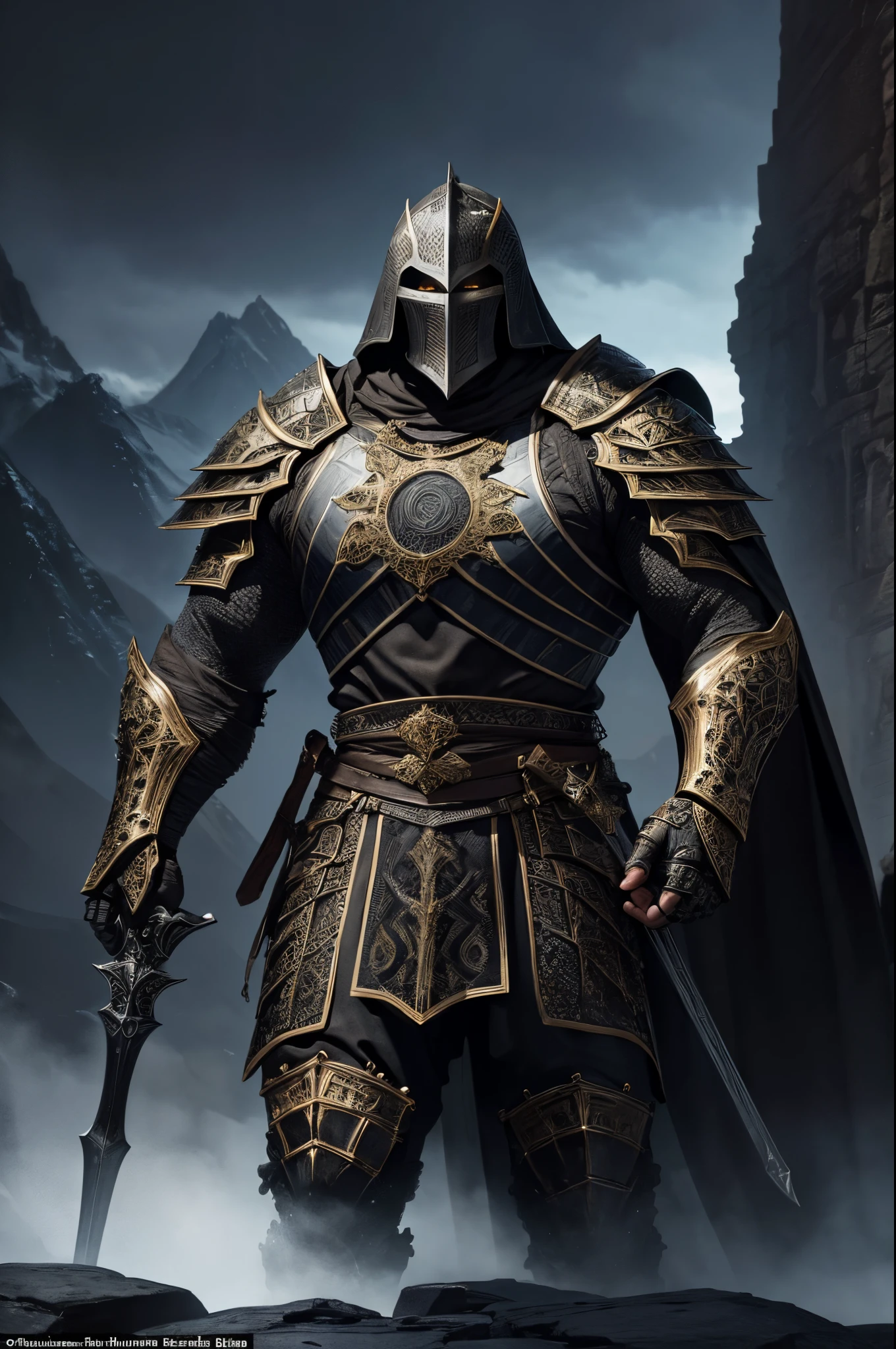 Imagine a hulking medieval knight clad in carbon armor, intricately detailed with precision. The blackened armor, adorned with intricate patterns and designs, exudes strength. Gold embellishments highlight the knight's imposing presence, creating a visually stunning contrast. Picture the colossal muscular man standing on a mountain cliff looking over the valley below, in a commanding battle pose, his armor reflecting micro-details that showcase the craftsmanship. The cliff's rugged details complement the knight's formidable silhouette. This prompt encapsulates a highly detailed scene of a powerful medieval warrior, staying within the confines of 2000 characters.