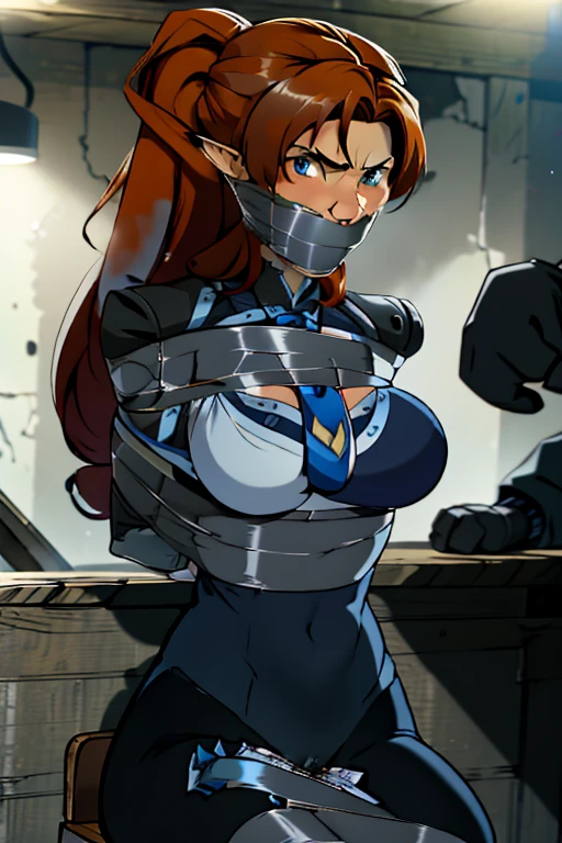 extremely detailed 8k wallpaper, Ultrarealistic, highres, masterpiece, ultra-detailed, high resolution, smooth, video game cut scene, close up, various angles, ung female elf warrior with a very detailed long hair, ((intricate hairstyle:1.3)), half up half down pony tail, (((ginger hair))), pale skin, wearing ripped leather armor, damaged armor, a short sword is her weapon, detailed face, focus on face, photo realistic, character, video game cut scene, smooth, detailed face, perfect skin, beautiful, Insanely detailed, close up, taped mouth, ((tape gag: 1.3)), gag, ((gagged)), arms bound behind back, elbows taped, wrists taped, desperate struggle, thrashing, arched back, chair tied, (tie up tape: 1.2), roped to chair, frightened, pleading eyes, stalker, kidnapped, true crime, dirty basement, tense atmosphere, peril, impending , close up, panicking, 8k tied, frightened, pleading eyes, stalker, kidnapped, true crime, (dirty basement: 1.3), tense atmosphere, peril, impending , close up, panicking, anime, (dynamic angle:1.1), masterpiece, masterpiece, 8k