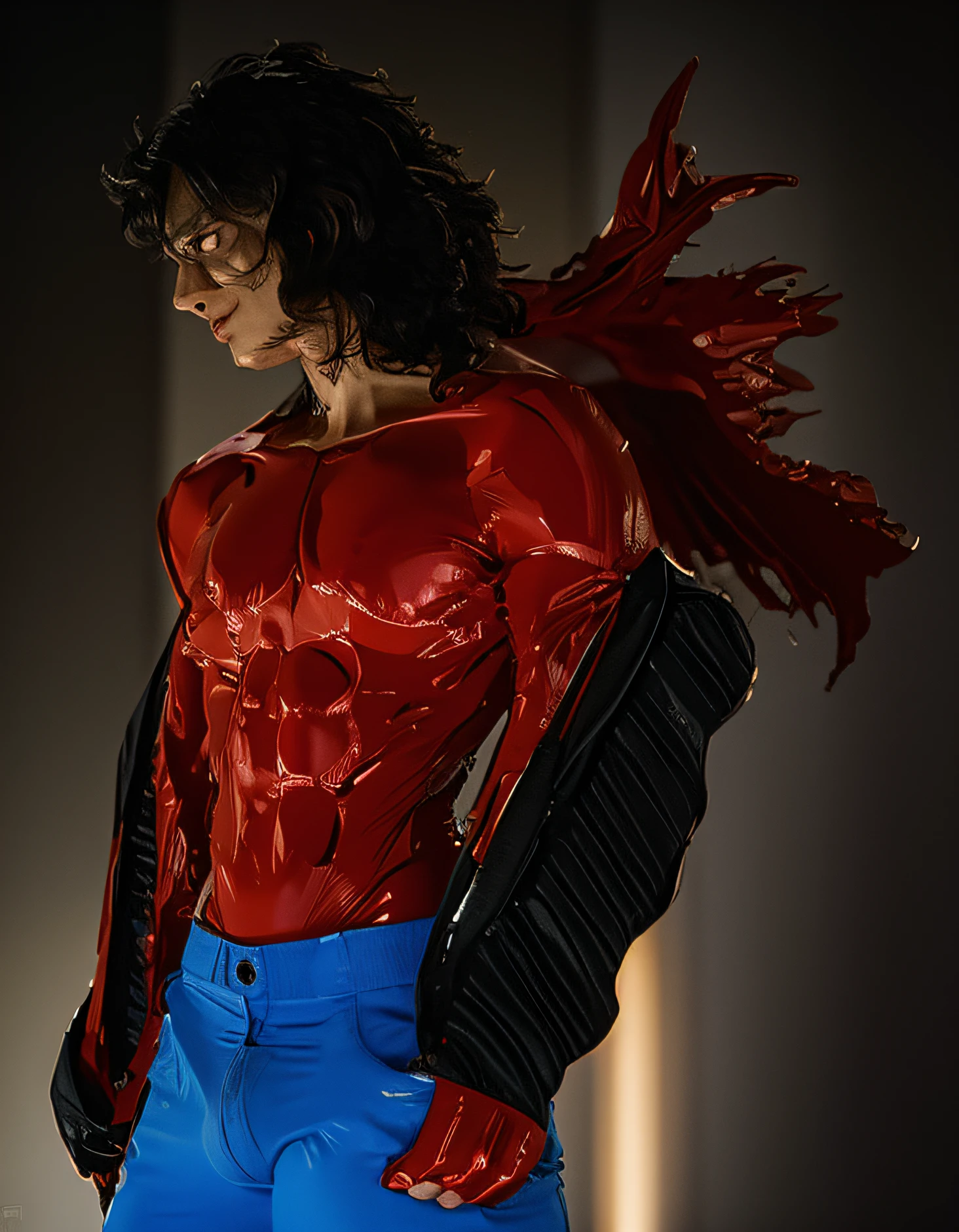 (full body image of young man in red jacket and blue pants, com 20 anos de idade, corpo sarado, corpo musculoso, NOT BEARD, sem bigode, not for, sorriso sensual), (jeans marcado com grande volume do jovem&#39;his immense genitals), (Posar sensual, dinamic pose), Devilman selvagem de corpo inteiro, fire!! corpo inteiro, human male demon, Homem Diabo de Corpo Inteiro, demon male, corpo inteiro!, !!retrato de corpo inteiro!!, Akiyuki Shinbou, Personagem de anime; arte de corpo inteiro, tiro de corpo inteiro, inspirado em Sugimura Jihei, Posar, corpo inteiro!!