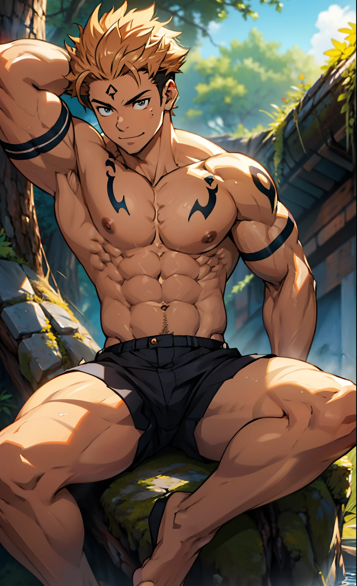 (canto da foto de baixo para cima) (imagem da mais alta qualidade) Lion man ,real, jovem, , vestindo shorts, imagem de anime, sitting on ground, pernas bem abertas, cute baby face, bonito rosto jovem, cabelo subcortado, huge muscle muscles of the chest, large strong thigh muscles, Biceps Sinewy muscles, Corpo enorme, corpo tonificado devido ao treinamento intenso, Well-developed muscles, ABS transparente de 8 embalagens, 3 metros de altura, topless, , pele brilhante, rede de suor pingando, hands on thighs, bare feet, Sem barba