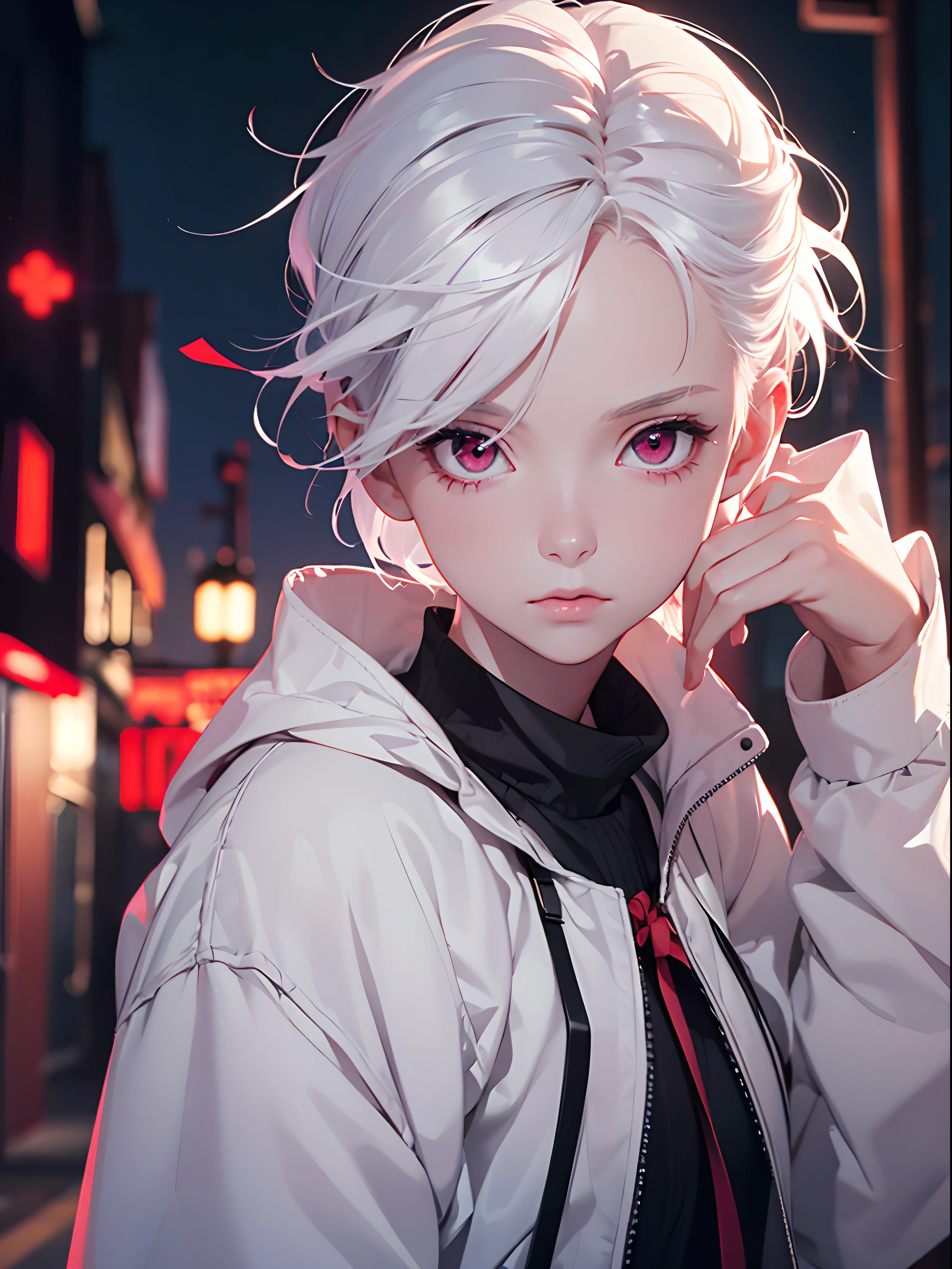 1girl,Albino, fofo, cabelos brancos, short hair, Beautiful, cabelos longos,olhos vermelhos, wearing a jacket, cabelo com fita,luz noturna ((8k, UHD, ultra realistic))?