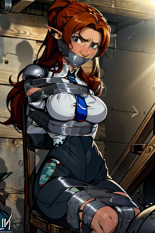 extremely detailed 8k wallpaper, Ultrarealistic, highres, masterpiece, ultra-detailed, high resolution, smooth, video game cut scene, close up, various angles, ung female elf warrior with a very detailed long hair, ((intricate hairstyle:1.3)), half up half down pony tail, (((ginger hair))), pale skin, wearing ripped leather armor, damaged armor, a short sword her weapon, detailed face, focus on face, photo realistic, character, video game cut scene, smooth, detailed face, perfect skin, beautiful, Insanely detailed, close up, taped mouth, ((tape gag: 1.3)), gag, ((gagged)), arms bound behind back, elbows taped, wrists taped, desperate struggle, thrashing, arched back, chair tied, (tie up tape: 1.2), roped to chair, frightened, pleading eyes, stalker, kidnapped, true crime, dirty basement, tense atmosphere, peril, impending , close up, panicking, 8k tied, frightened, pleading eyes, stalker, kidnapped, true crime, (dirty basement: 1.3), tense atmosphere, peril, impending , close up, panicking, anime, (dynamic angle:1.1), masterpiece, masterpiece, 8k