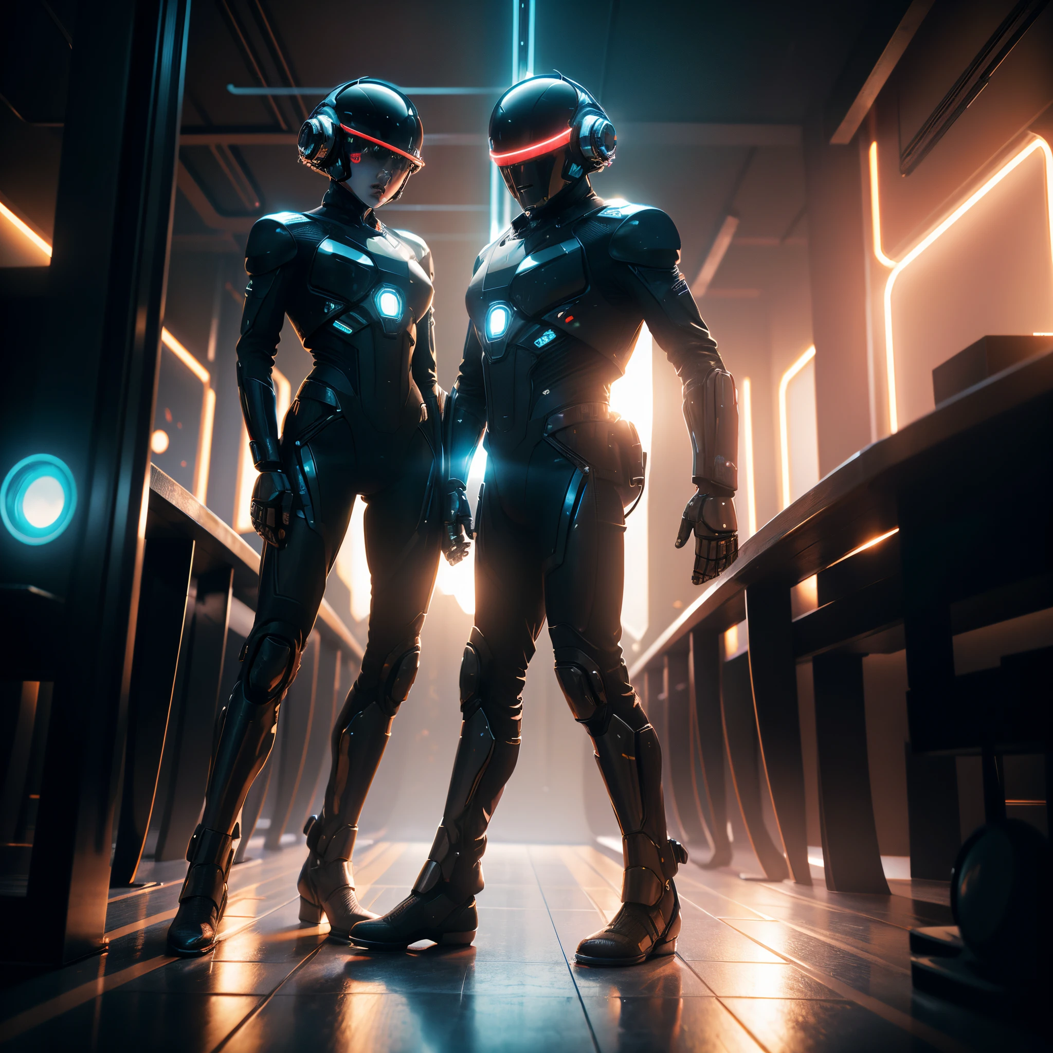 Electric love, two human alike android robots (man and woman) in futuristic helmets, above neon lights on the floor, Future Bounce music on the background, more space around them, in the style of a future science, cinematic dark tones, f/2.8 70-200 Canon 5D mark IV, good quality like real photo with Hollywood 3D graphic elements and optical flares