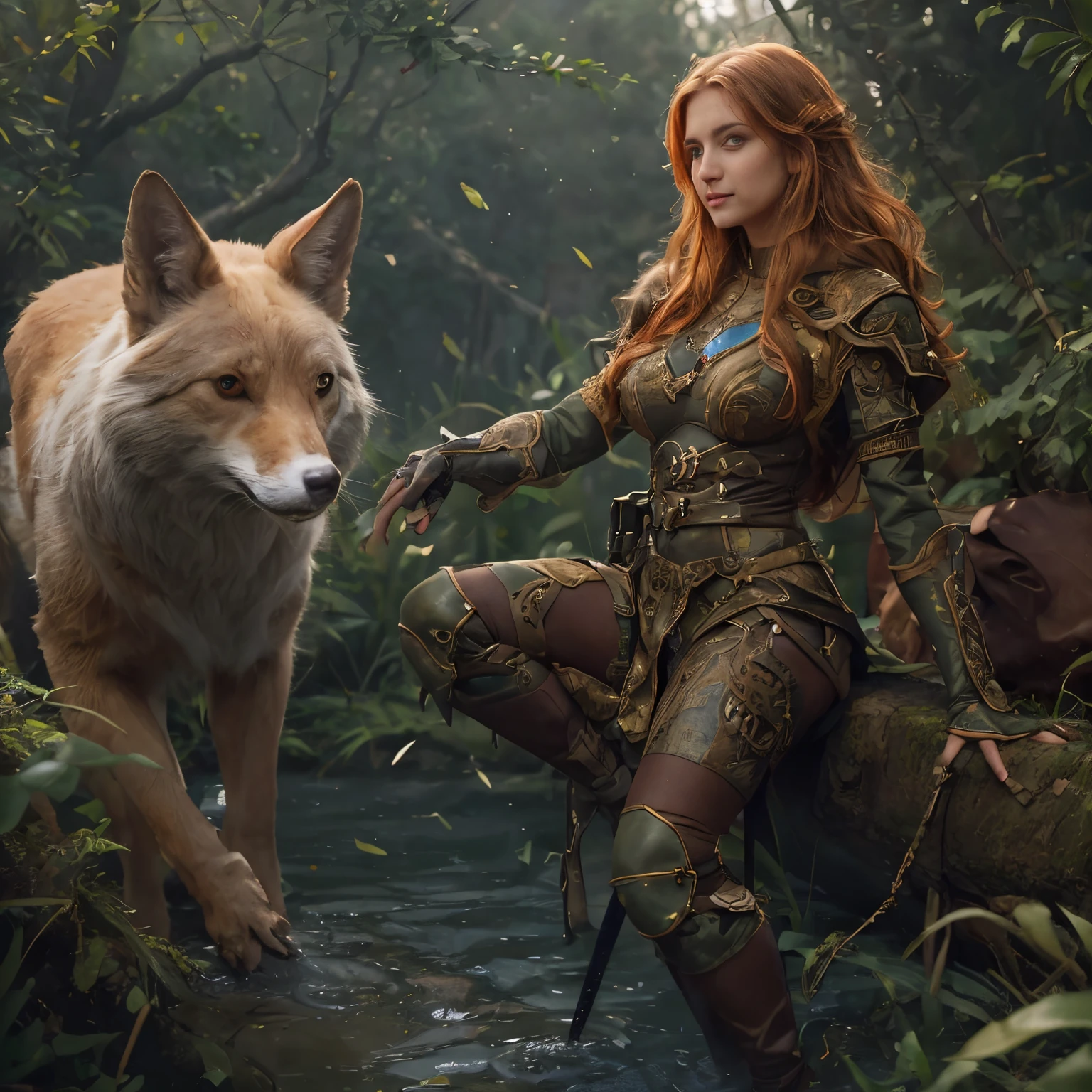 high details, best quality, 8k, [ultra detailed], masterpiece, best quality, (extremely detailed), dynamic angle, ultra wide shot, photorealistic, fantasy art, dnd art, rpg art, realistic art, a wide angle picture of a female ((human)) [[anatomically correct]] ranger and her pet fox, warrior of nature, fighter of nature, full body, [[anatomically correct]]. dynamic position (1.5 intricate details, Masterpiece, best quality) talking to fox (1.6 intricate details, Masterpiece, best quality) in forest (1.5 intricate details, Masterpiece, best quality), female  wearing leather armor (1.4 intricate details, Masterpiece, best quality), leather boots, thick hair, long hair, red hair, fair skin, [[human ears]], intense eyes, forest  background (intense details), a stream flowing in the background (1.4 intricate details, Masterpiece, best quality), dawn light, clouds (1.4 intricate details, Masterpiece, best quality), dynamic angle, (1.4 intricate details, Masterpiece, best quality), high details, best quality, highres, ultra wide angle