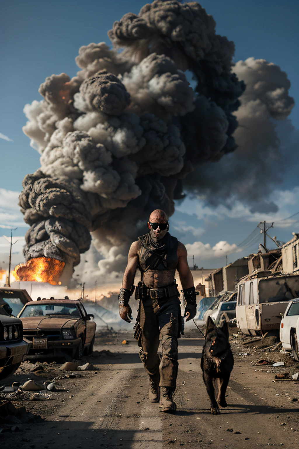 Apocalyptic wasteland, High Detail RAW color Photo, Full Shot, ultra detailed, half monster muscular man walking towards the camera, guard dog companion walking beside him, destroyed vehicles in background with smoke rising
