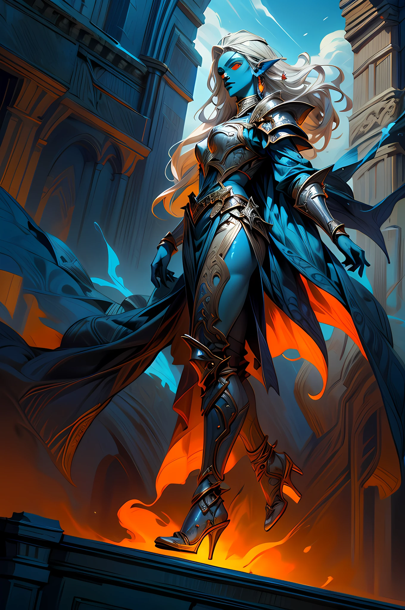fantasy art, dnd art, RPG art, drkfntasy wide shot, (masterpiece:1.3), full body intense details, highly detailed, photorealistic, best quality, highres, portrait of a exotic race vedalken female (fantasy art, Masterpiece, best quality: 1.3) (blue colored skin: 1.3), intense details facial detail fantasy art, Masterpiece, best quality)cleric, (blue colored skin: 1.3) 1person blue_skin, (white hair: 1.3), wavy hair, long hair, flowing hair, intense green eye, (fantasy art, Masterpiece, best quality) armed a fiery sword fantasysword sword, wearing heavy (white: 1.3) half plate mail armor LnF wearing high heeled laced boots, wearing an(orange :1.3) cloak within fantasy temple background and sun and clouds, reflection light, high details, best quality, 16k, [ultra detailed], masterpiece, best quality, (extremely detailed), dynamic angle, ultra wide shot, photorealistic, RAW, fantasy art, dnd art, fantasy art, realistic art