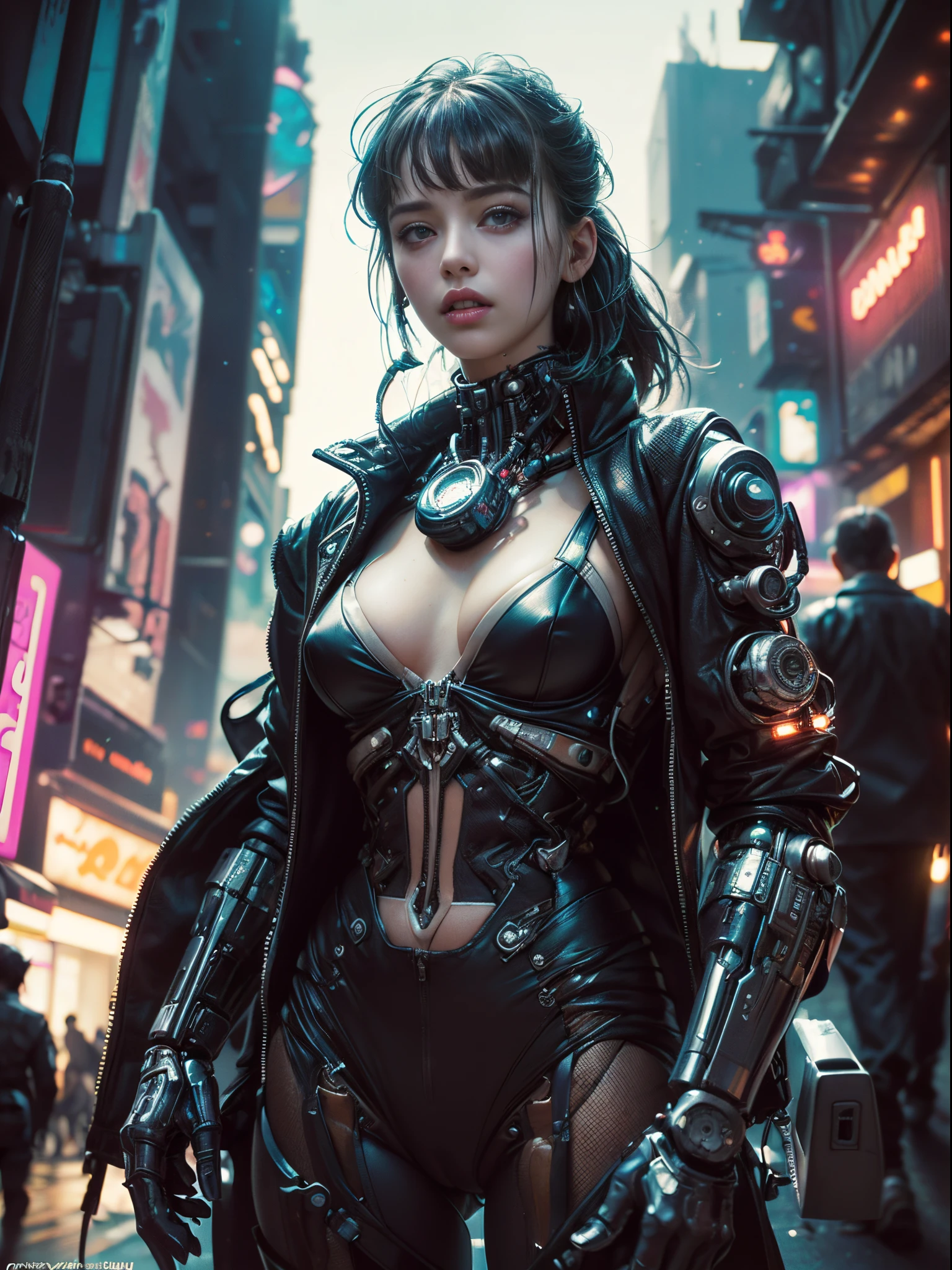 ((Masterpiece stunning Anime illustration)), ((extremely delicate and beautiful cybernetic girl)), ((highly detailed face)), ((mechanical limb, mechanical vertebrae)), ((mechanical cervical attaching to neck)), (wires and cables attaching to neck:1.2), ((mass of wires and cables on head)), ((wearing colorful Harajuku tech jacket with logo)), (dynamic pose), ((cowboy shot)), (masterpiece), (((best quality))), ((ultra-detailed)), (highly detailed photorealistic CG illustration), cinematic lighting, science fiction, extremely detailed,colorful,highest detail, (((cyberpunk city background, (Blade Runner), Harajuku district))), NSFW