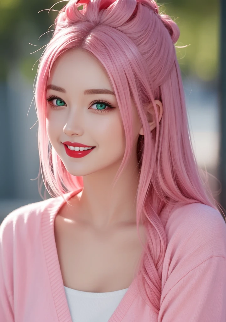 young woman, porcelain skin, short bubblegum pink hair, big red lips, big green eyes, pink eyebrows, smile, looking at camera, red clothes, Sakura Haruno, 3d, realism