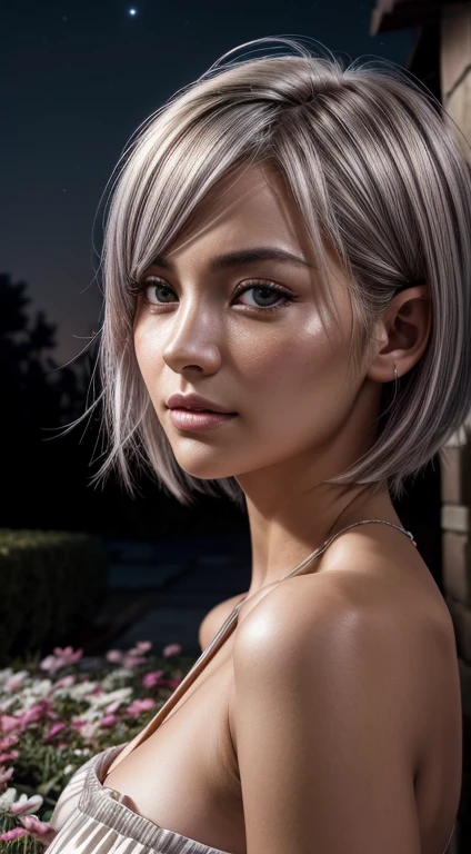 (masutepiece), Best Quality, (Highly detailed CG Unity 64k wallpaper), Ultra-high resolution, Ultra-high definition, Maximalist, 64k uhd, hight resolution, Convoluted, Intricate details, Highly detailed, Finely detailed, Ultra-detailed, Super high texture, Detailed textures, ultra high pixel detail, (Ultra-realistic:1.3), official photo, nffsw, Digital SLR, Photography, Portrait, professionally color graded, FUJI XT3, Raw photo, Uncompressed images, Shallow depth of field, Full color depth, Sharp Focus, Great break, Gorgeous, white, Thrilling scenes, lines, Moonlight, Night, Portrait, (Woman in costume in a flower bed, Short platinum hair), touching her hair