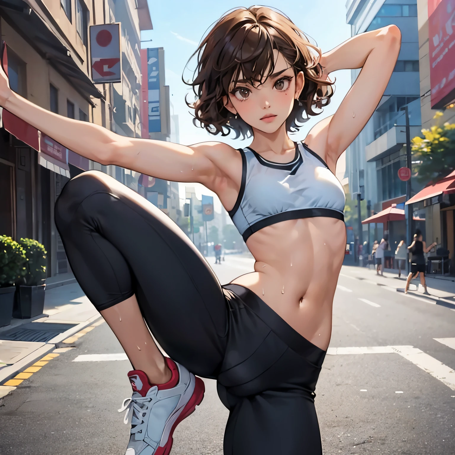 1 girl,Cute girl practicing street dance,brown curly short hair,A slender,small but well-shaped breasts,,erectile nipple,Navel,tre anatomically correct,Precise fingers,Sportsbra,half-pants,.Sports sneakers,Dance with active poses and angles,in a street,photorealisim,​masterpiece,Sweaty skin,