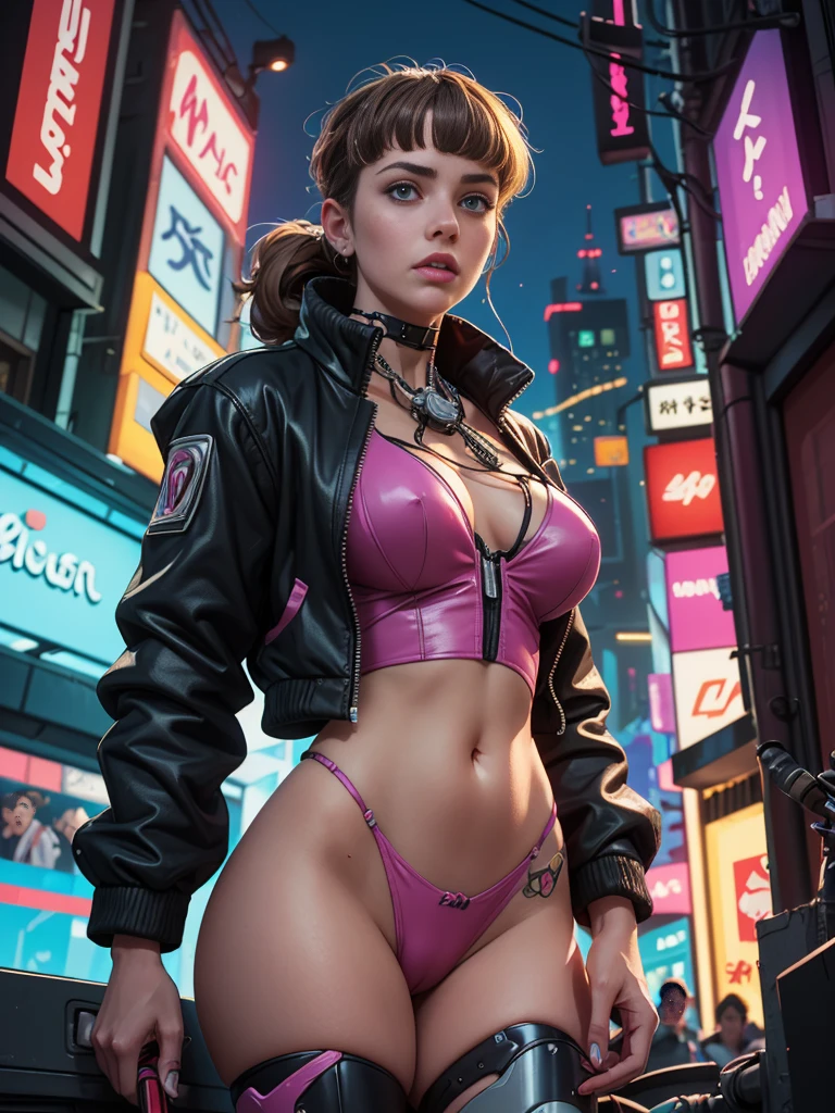 ((Masterpiece stunning Anime illustration)), ((extremely delicate and beautiful cybernetic girl)), ((highly detailed face)), ((mechanical limb, mechanical vertebrae)), ((mechanical cervical attaching to neck)), (wires and cables attaching to neck:1.2), ((mass of wires and cables on head)), ((wearing colorful Harajuku tech jacket with logo)), (dynamic pose), ((cowboy shot)), (masterpiece), (((best quality))), ((ultra-detailed)), (highly detailed photorealistic CG illustration), cinematic lighting, science fiction, extremely detailed,colorful,highest detail, (((cyberpunk city background, (Blade Runner), Harajuku district))), NSFW