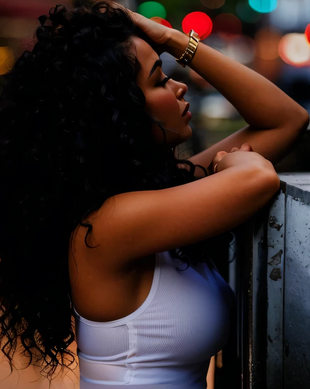 latina woman leaning against a wall with her hand on her head, curls and curves, photoshoot, gorgeous woman, close up half body shot, curly hair, looking off to the side, seductive lady