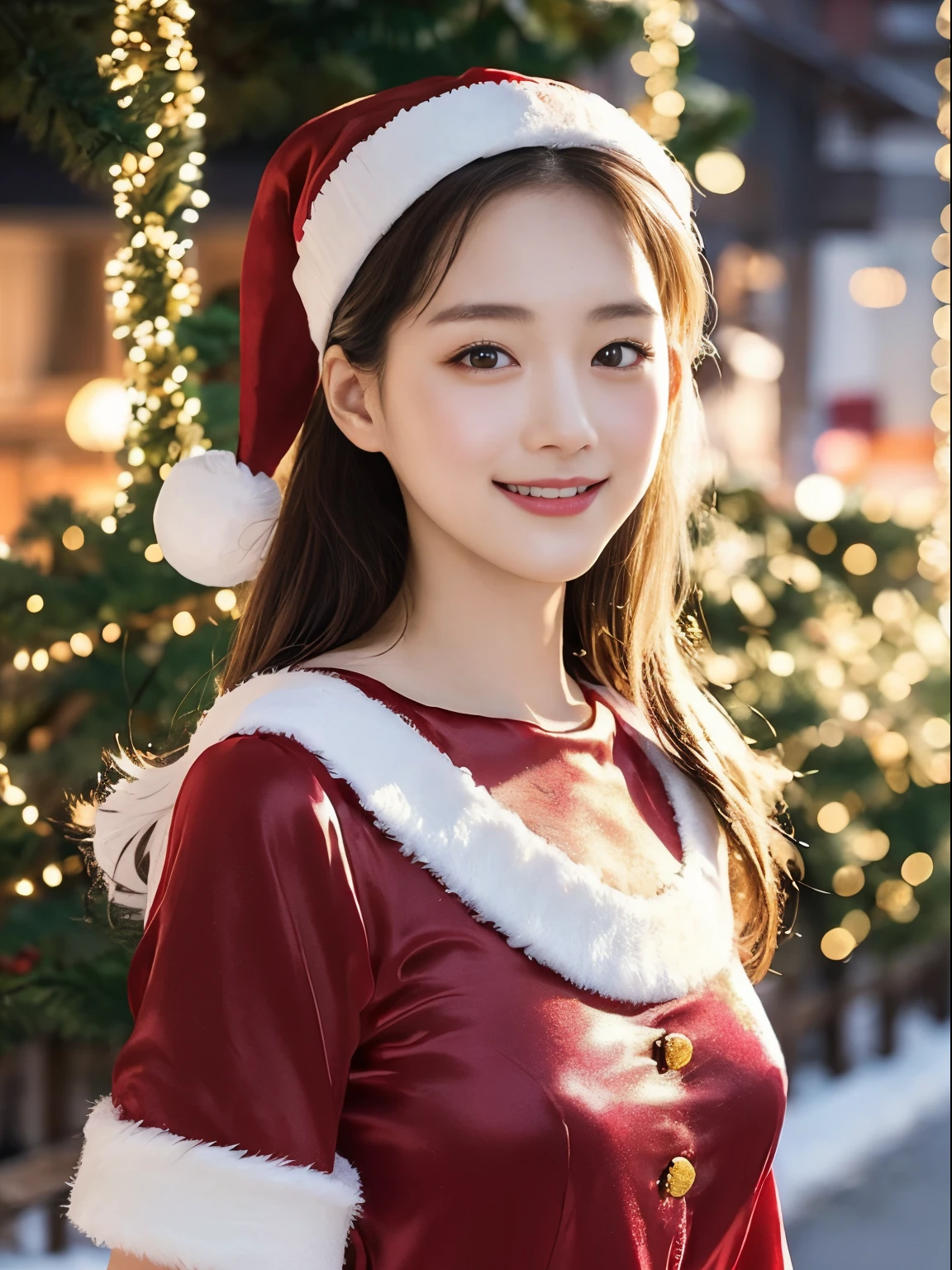 tre anatomically correct,Masterpiece of,High image quality,(Cute Santa Claus costumes:1.5),(The material of the costume is high quality silk.........:1.4),20 years old, Japan Female, (Random posture:1.4),Christmas tree，Professional Lighting,((Japan hair)),((Natural smile)),The ultra-detailliert、High quality textures、intricate detailes、detaileds、Very detailed CG、High quality shadows、Detail Beautiful delicate face、Detail Beautiful delicate eyes、depth of fields、Ray traching,1girl in, japanaese girl, Fashion Model, slender,Warm atmosphere,Outdoors with a Christmas atmosphere