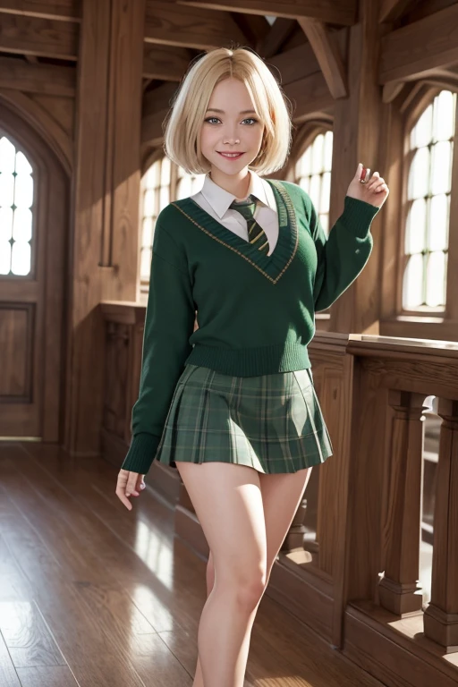 best quality, masterpiece, full body girl, hogwarts student, slytherin, blonde bob hair, smirk, smug, mischievous mini skirt