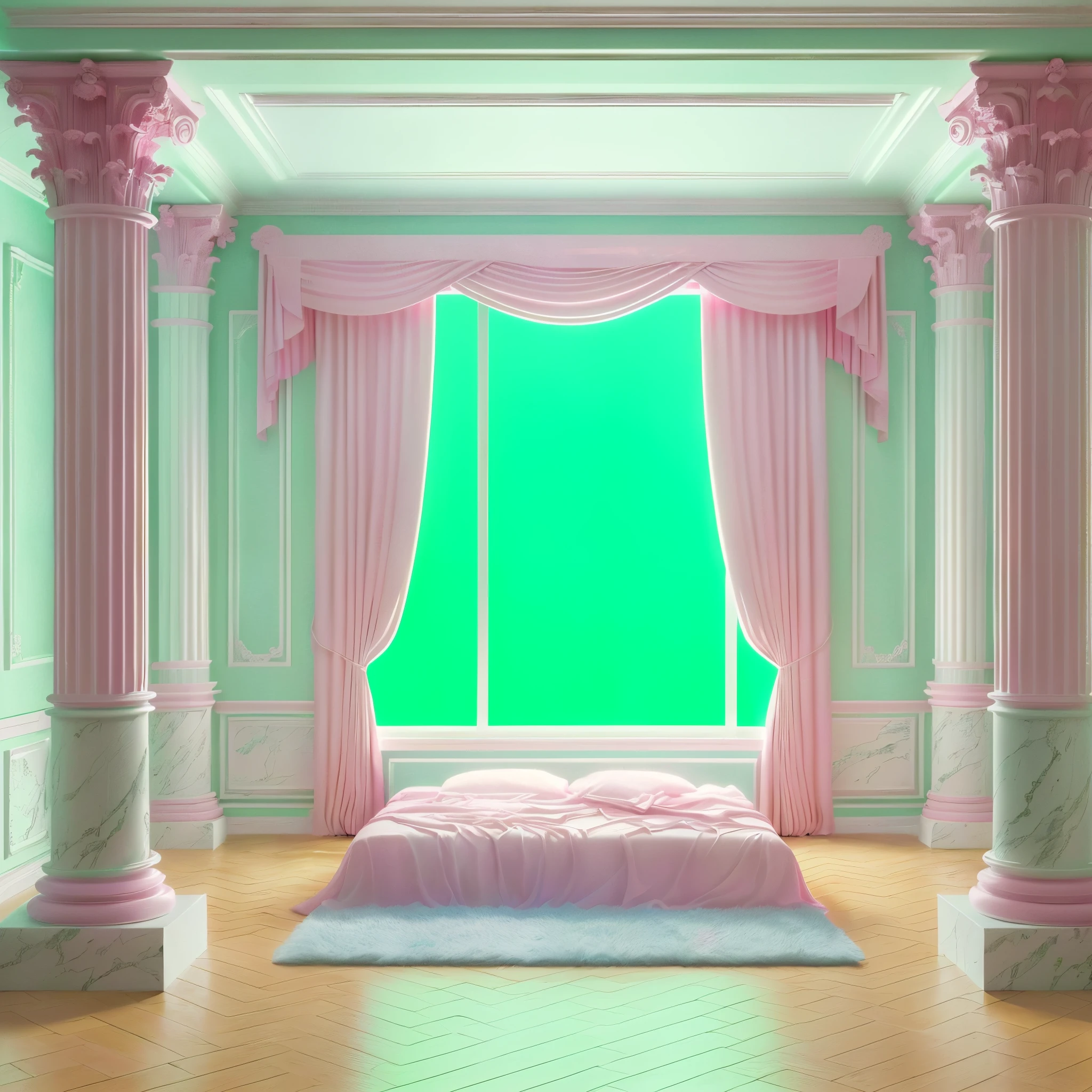 arafed room with a bed and a window with pink curtains, brightly lit pink room, vaporwave mansion, vaporwave lighting style, draped in fleshy green and pink, rich vivid pastel colors, vibrant pastel colors, vivid pastel colors, bedroom background, vaporwave style masterpiece, soft gradients. baroque period, rich pastel colors, the walls are pink