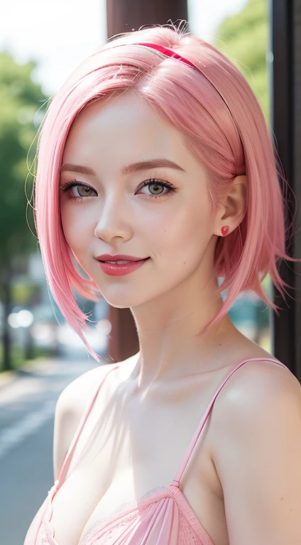 young woman, porcelain skin, short bubblegum pink hair, big red lips, big green eyes, pink eyebrows, smile, looking at camera, red clothes, Sakura Haruno, 3d, realism