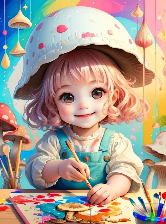 (cute baby girl smiling with a paintbrush painting a beautiful mushroom), Munchkin ,Geometric multidimensional wall portrait, livro de arte, Tchibi,
Yang08k, Beautiful, Colouring,
Obras, of the highest quality, best quality, Arte Oficial, Beautiful and Aesthetic,