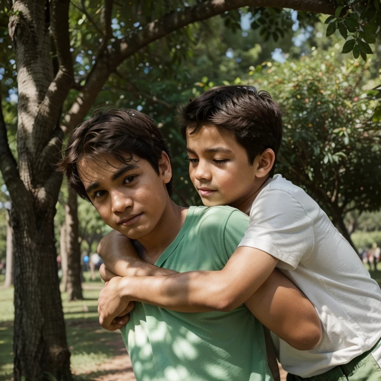 This is a realistic image of two boys hugging in a park. O menino da esquerda vestindo uma camisa bege, enquanto o menino da direita vestindo uma camisa azul. O menino da esquerda tem cabelos loiros e o menino da direita tem cabelos ruivos.. The background of the image is made up of a tree trunk and green foliage... Warm, natural lighting. 🌳🌿🤗