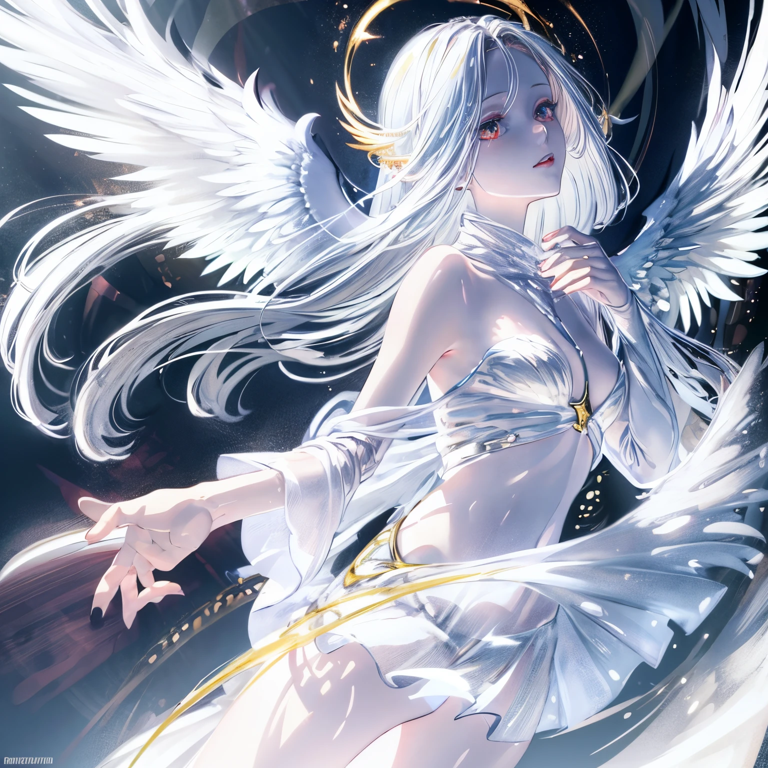 realistic photo, best quality possible, albino angel woman, she has no eyebrows, red lips, wears all white clothes, skin-tight, covers from head to toe, energetic halo over the character's head, has no hair, completely white eyes, wings energetic like an angel, she floats in a totally white lit room