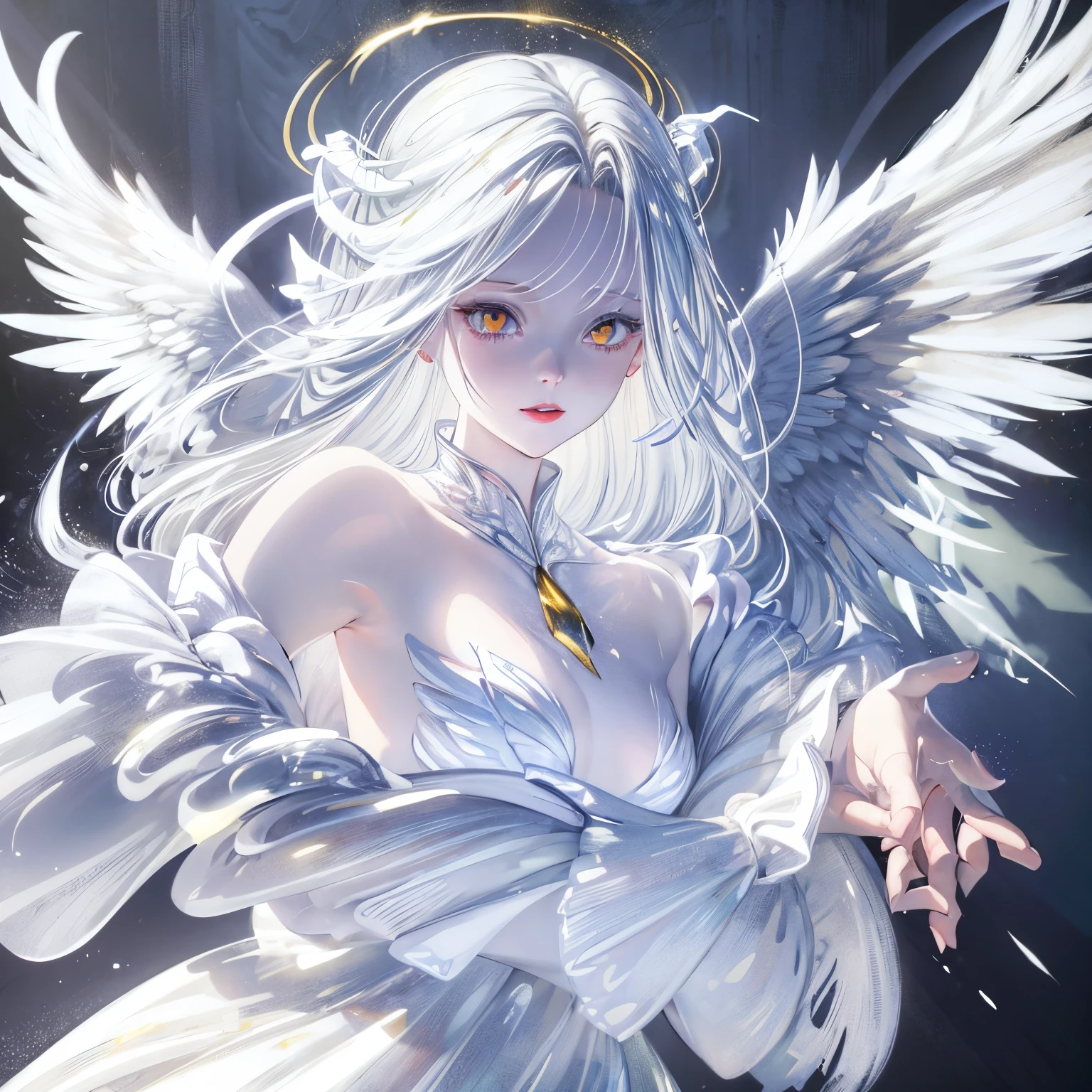 realistic photo, best quality possible, albino angel woman, she has no eyebrows, red lips, wears all white clothes, skin-tight, covers from head to toe, energetic halo over the character's head, has no hair, completely white eyes, wings energetic like an angel, she floats in a totally white lit room