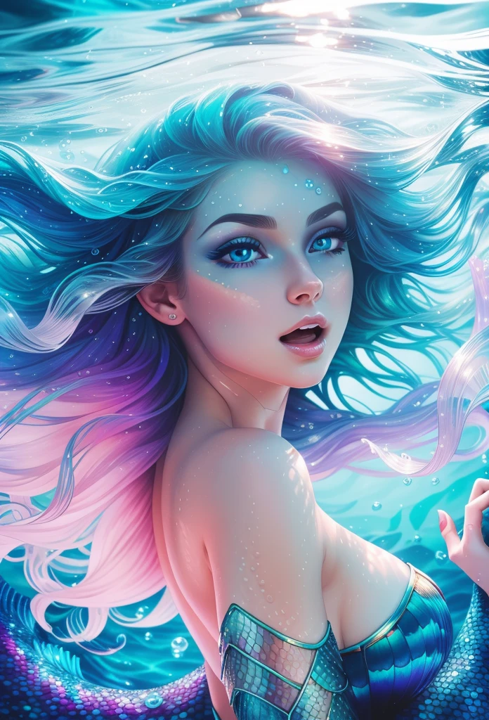 (masterpiece), best quality, ultra-detailed, an extremely beautiful mermaid with glowing and iridescent scales, close up shot, dynamic pose and expression, deep and magical ocean atmosphere, (oceanic hair+blue eyes), (underwater lighting+wavy water), watercolor.