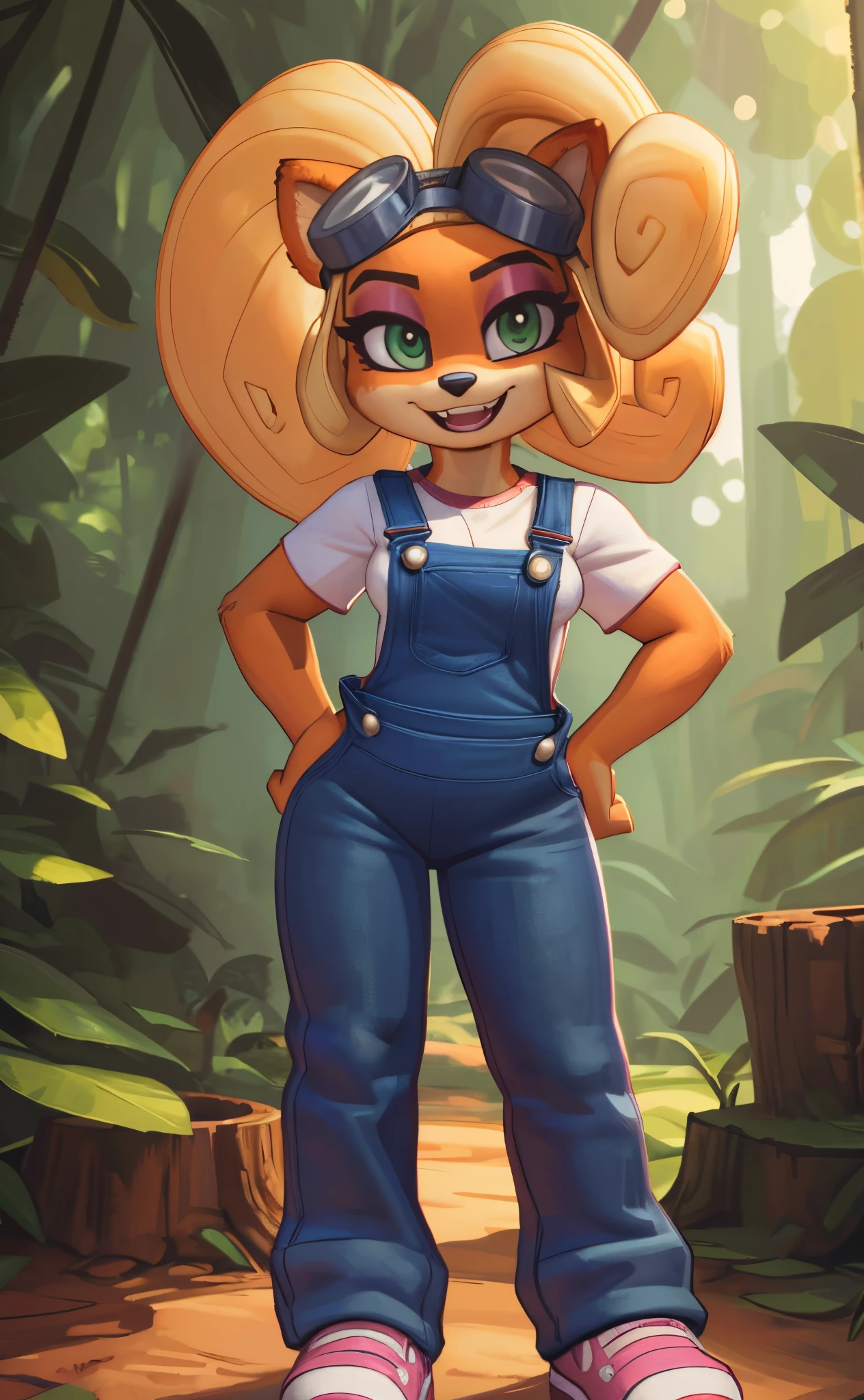 [Coco bandicoot], [Uploaded to e621.net; (Pixelsketcher), (wamudraws)], ((masterpiece)), ((HD)), ((solo portrait)), ((full body)), ((front view)), ((shoes visible)), ((furry; anthro)), ((detailed fur)), ((detailed shading)), ((beautiful render art)), (intricate details)), {anthro; orange fur, black nose, (cute green eyes), (pink eyeshadow), blonde curly hair, curly ponytail, (small boobs), (curvy hips), (excited smile), (mouth open)}, {(white shirt), (blue denim overalls), (tight pants), (pink sneakers), (goggles on head)}, {(standing), (hands on hips), (looking at viewer)}, [background; (tropical forest), (tree stump), (sun rays), (pink laptop in background)]