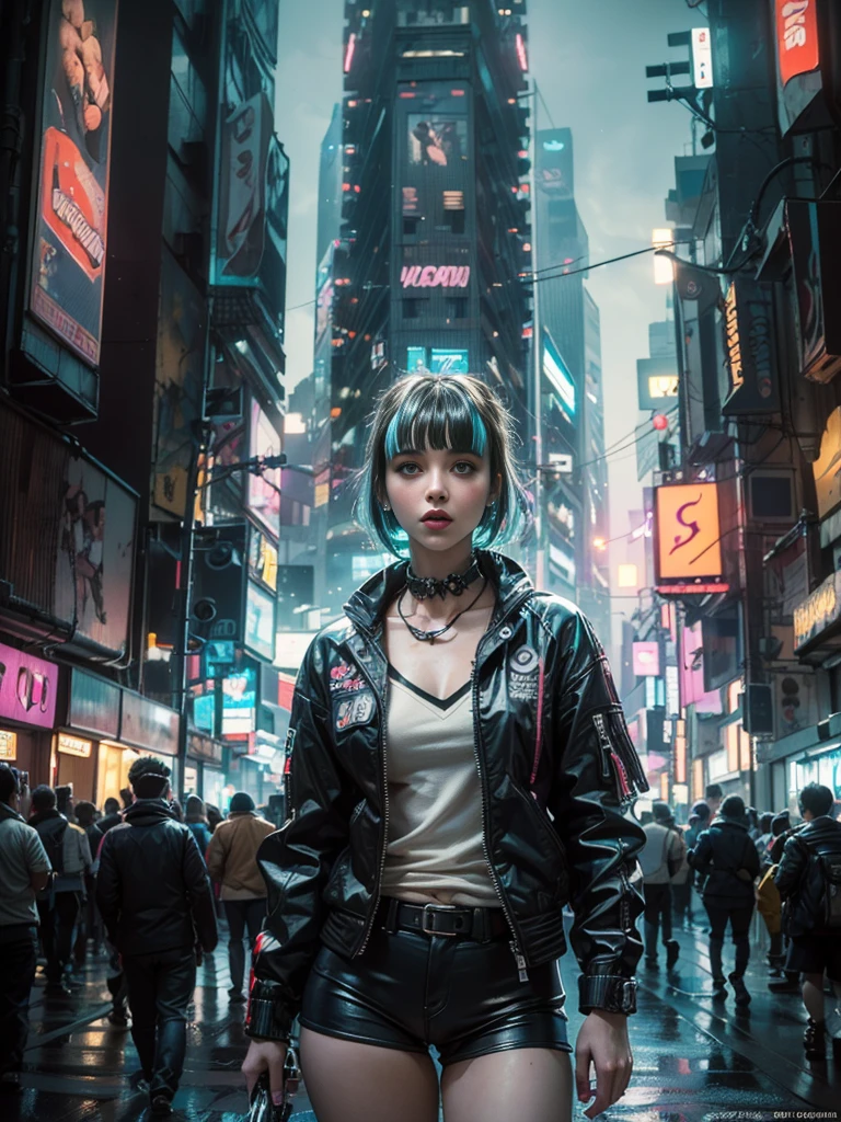 ((Masterpiece stunning Anime illustration)), ((extremely delicate and beautiful cybernetic girl)), ((highly detailed face)), ((mechanical limb, mechanical vertebrae)), ((mechanical cervical attaching to neck)), (wires and cables attaching to neck:1.2), ((mass of wires and cables on head)), ((wearing colorful Harajuku tech jacket with logo)), (dynamic pose), ((cowboy shot)), (masterpiece), (((best quality))), ((ultra-detailed)), (highly detailed photorealistic CG illustration), cinematic lighting, science fiction, extremely detailed,colorful,highest detail, (((cyberpunk city background, (Blade Runner), Harajuku district))), NSFW