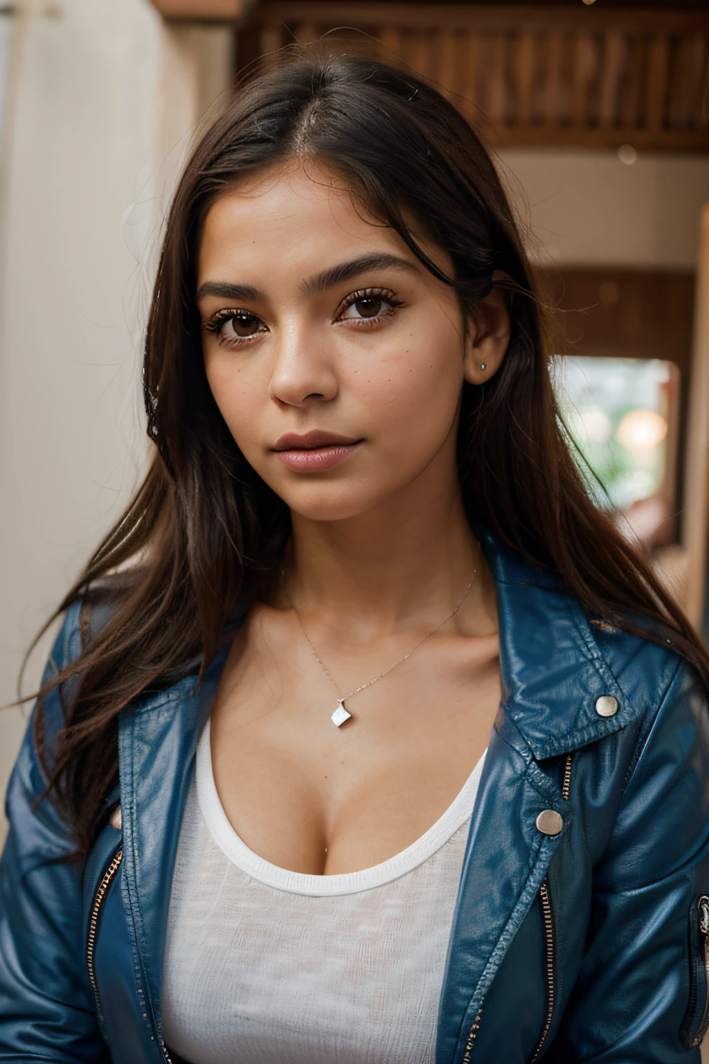 mulher arafada com jaqueta azul e brincos em frente a um espelho, Isabela Moner, franja de cortina, franja de cortina de parte central, lindo rosto latino, big cheekbones, cara muito bonita, Malika Favre, Retrato Sophie Mudd, rosto perfeitamente iluminado, small heart - shaped face, beautiful cheekbones, julia fuentes